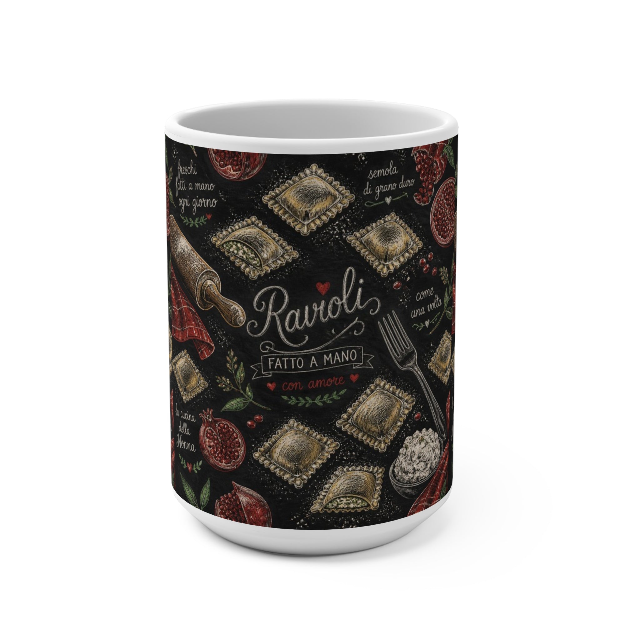 Fresh Ravioli 15oz Ceramic Mug Mediterranean Kitchen Chalk Art Design Italian Cottagecore Gift