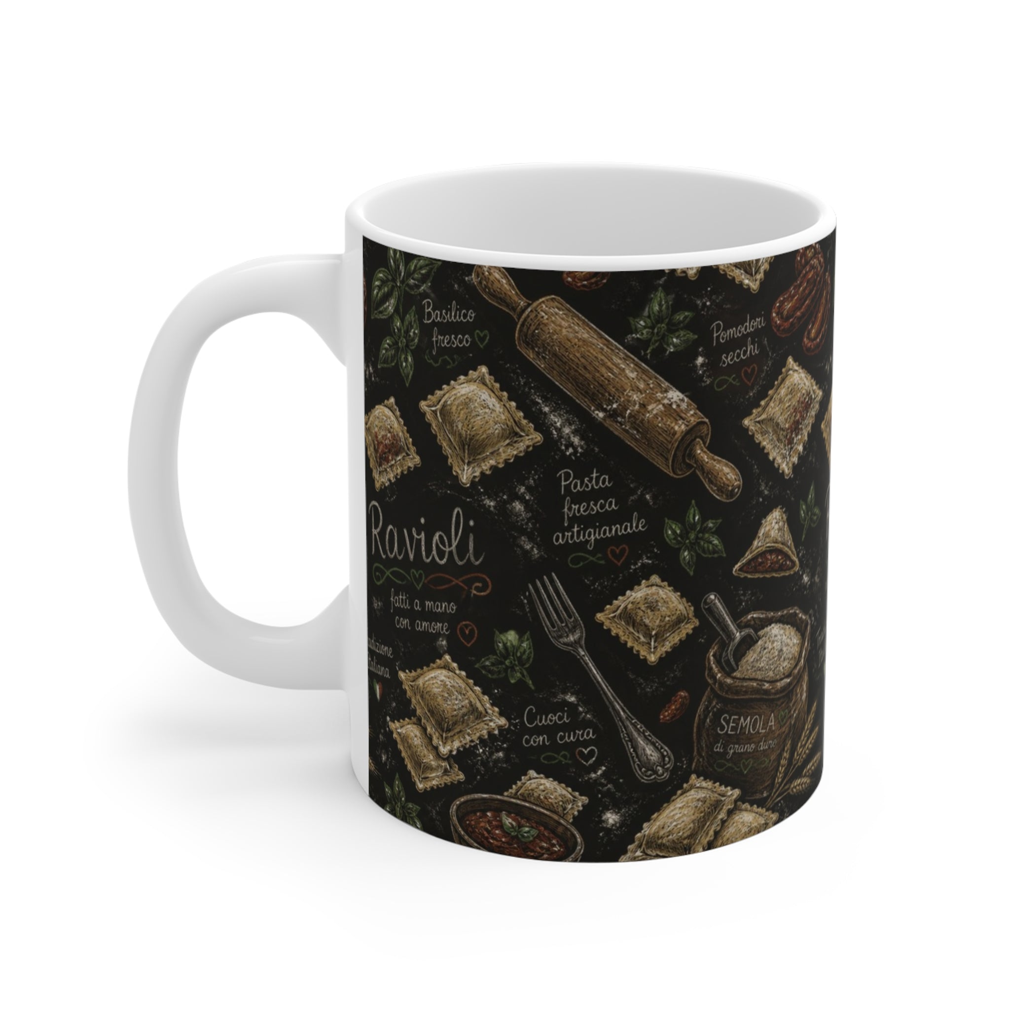 Fresh Ravioli 11oz Ceramic Mug Mediterranean Kitchen Chalk Art Design Italian Cottagecore Gift