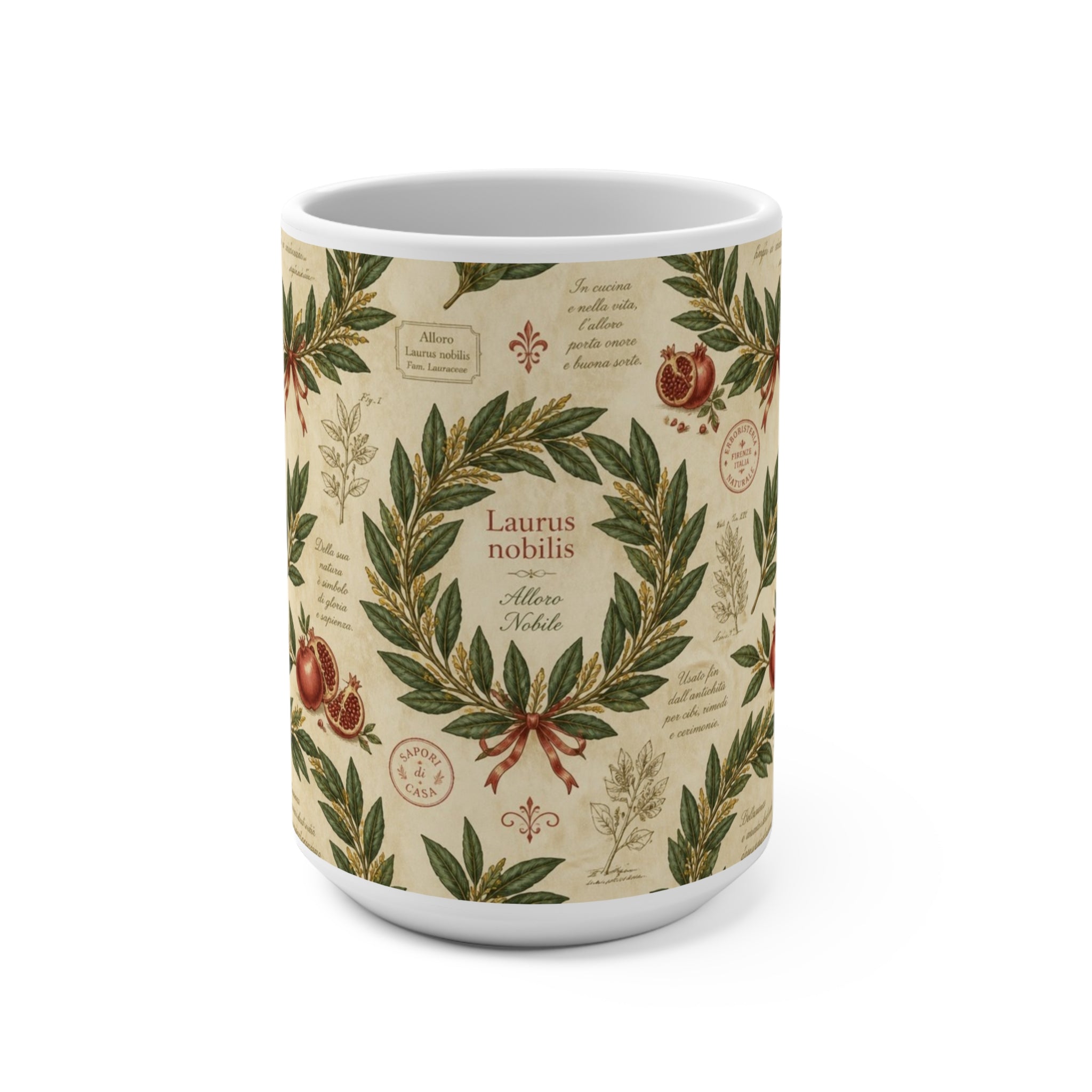 Bay Laurel Wreath 15oz Ceramic Mug Mediterranean Kitchen Botanical Design Italian Cottagecore Gift