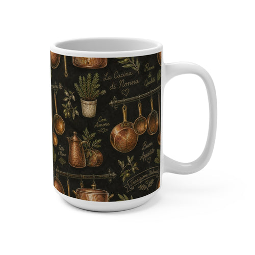 Copper Cookware 15oz Ceramic Mug Mediterranean Kitchen Chalk Art Design Italian Cottagecore Gift