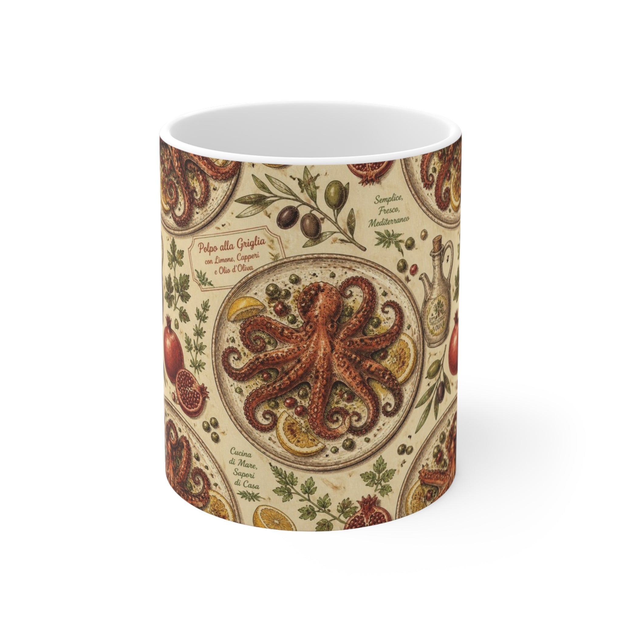 Grilled Octopus 11oz Ceramic Mug Mediterranean Kitchen Botanical Design Italian Cottagecore Gift