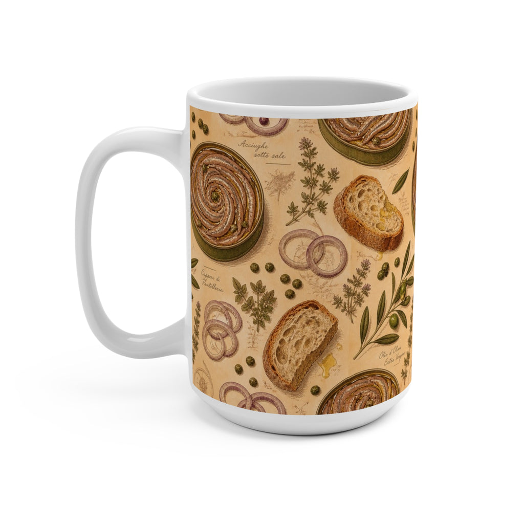 Anchovies & Capers 15oz Ceramic Mug Mediterranean Kitchen Botanical Design Italian Cottagecore Gift