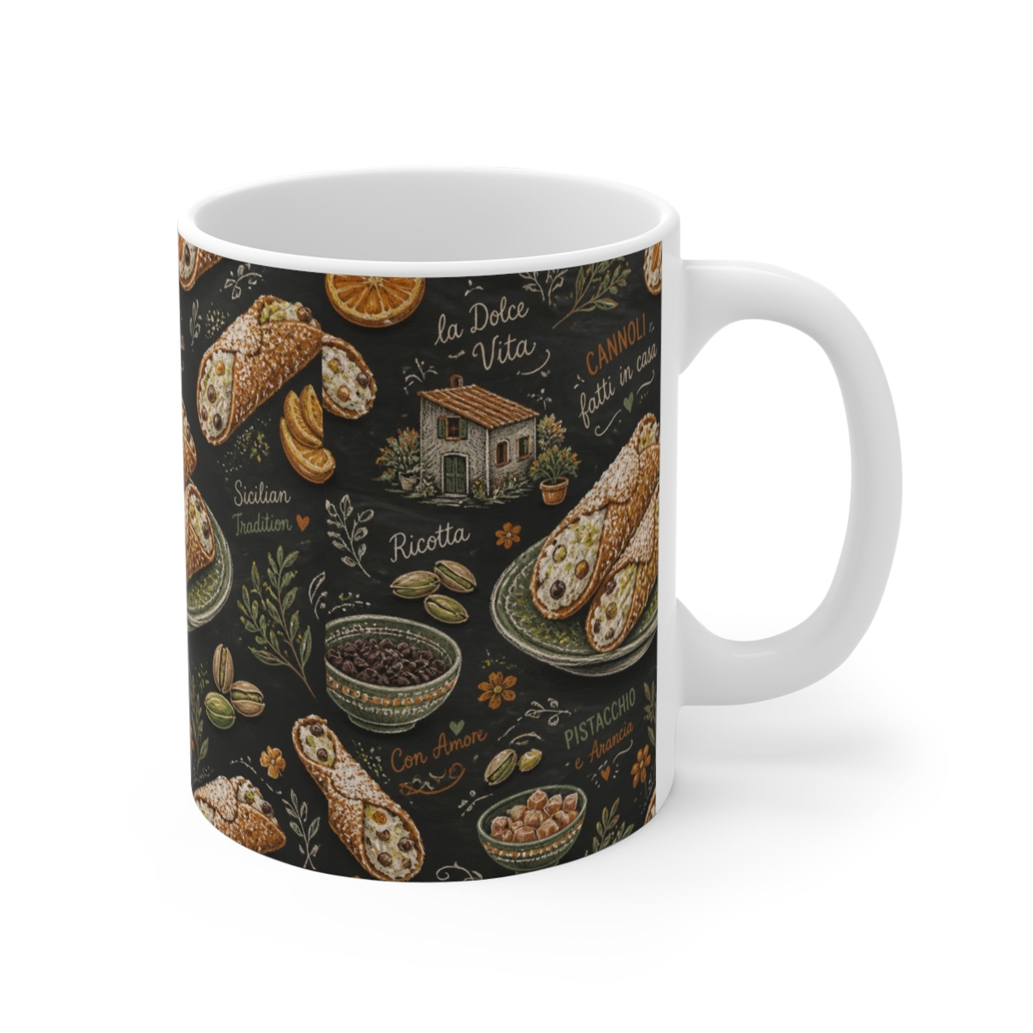 Sicilian Cannoli 11oz Ceramic Mug Mediterranean Kitchen Chalk Art Design Italian Cottagecore Gift