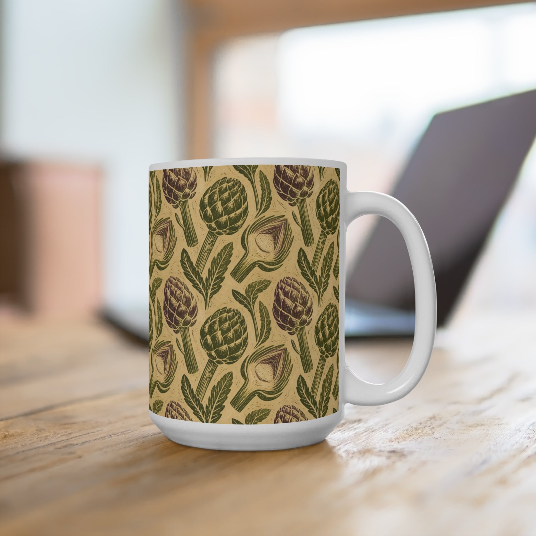 Globe Artichokes 15oz Ceramic Mug Mediterranean Kitchen Linocut Design Italian Cottagecore Gift