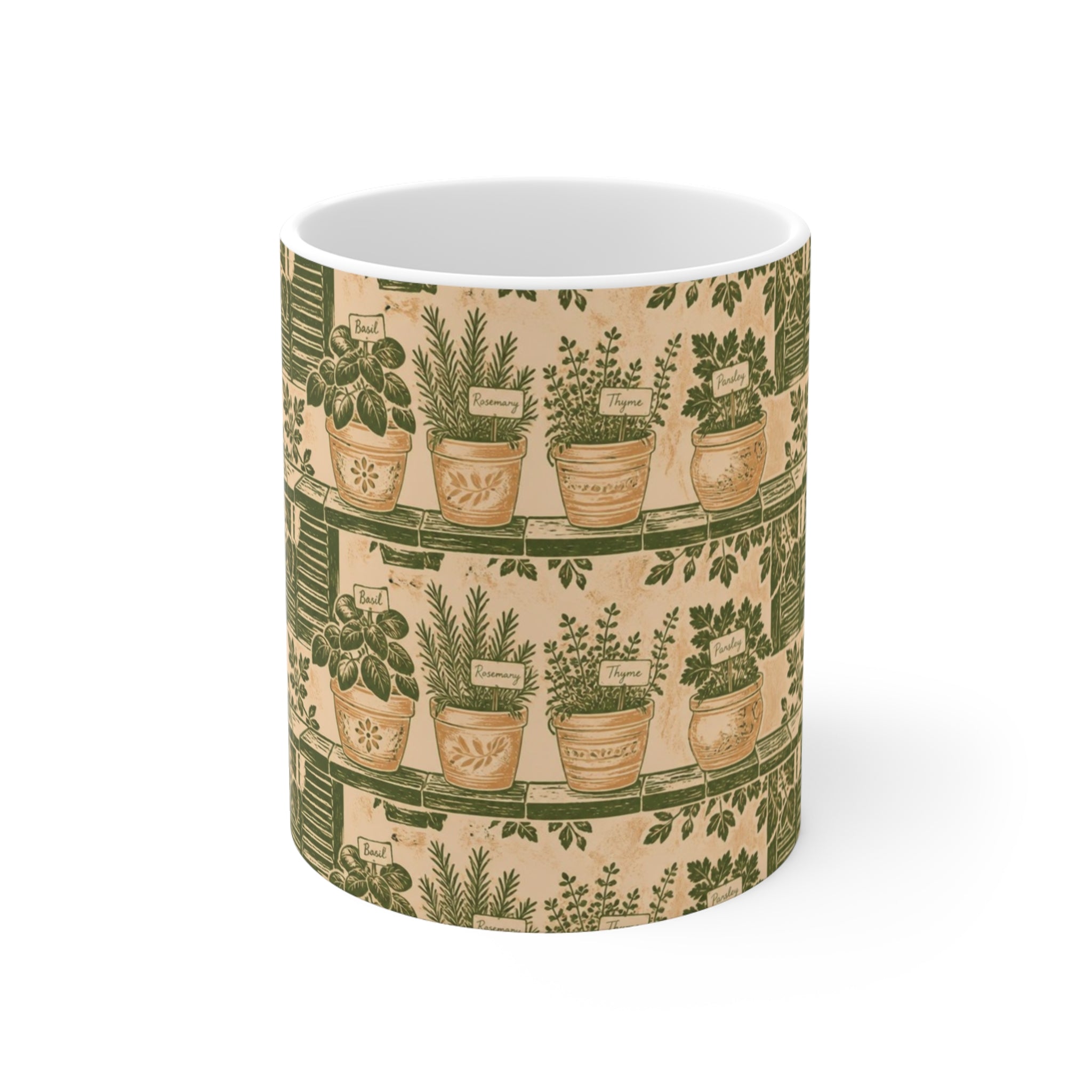 Terracotta Herb Pots 11oz Ceramic Mug Mediterranean Kitchen Linocut Design Italian Cottagecore Gift