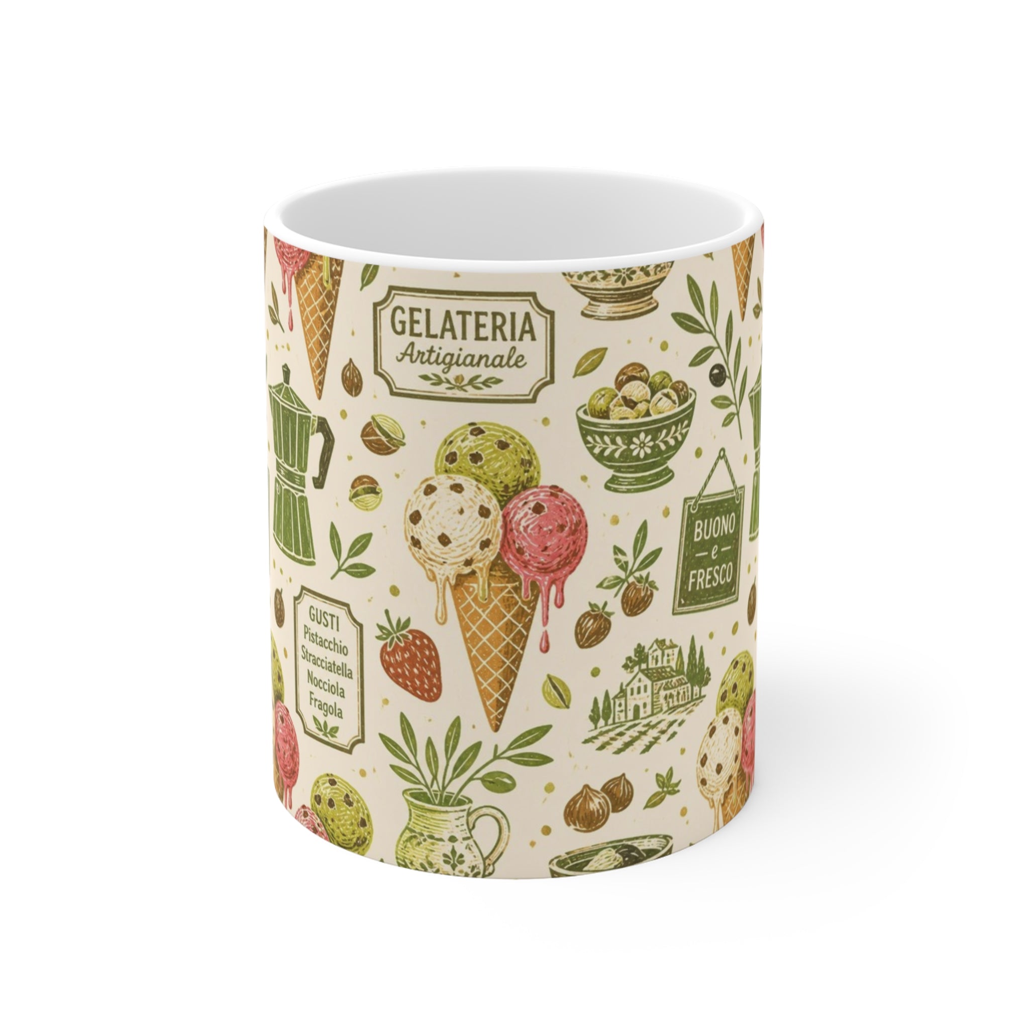 Gelato Scoops 11oz Ceramic Mug Mediterranean Kitchen Linocut Design Italian Cottagecore Gift