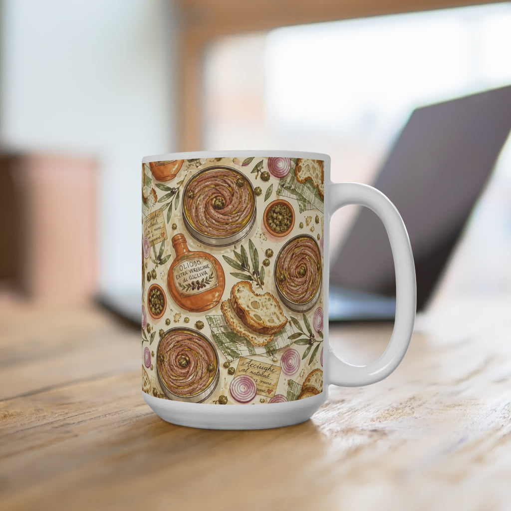 Anchovies & Capers 15oz Ceramic Mug Mediterranean Kitchen Watercolor Design Italian Cottagecore Gift