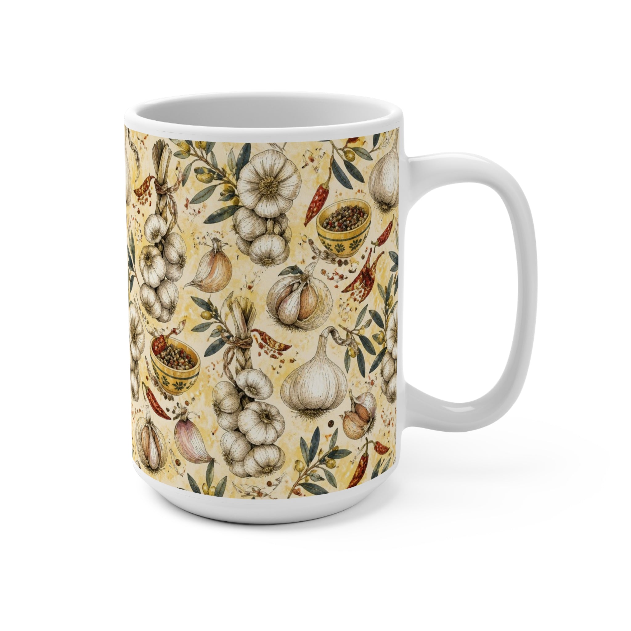 Garlic Bulbs & Cloves 15oz Ceramic Mug Mediterranean Kitchen Watercolor Design Italian Cottagecore Gift