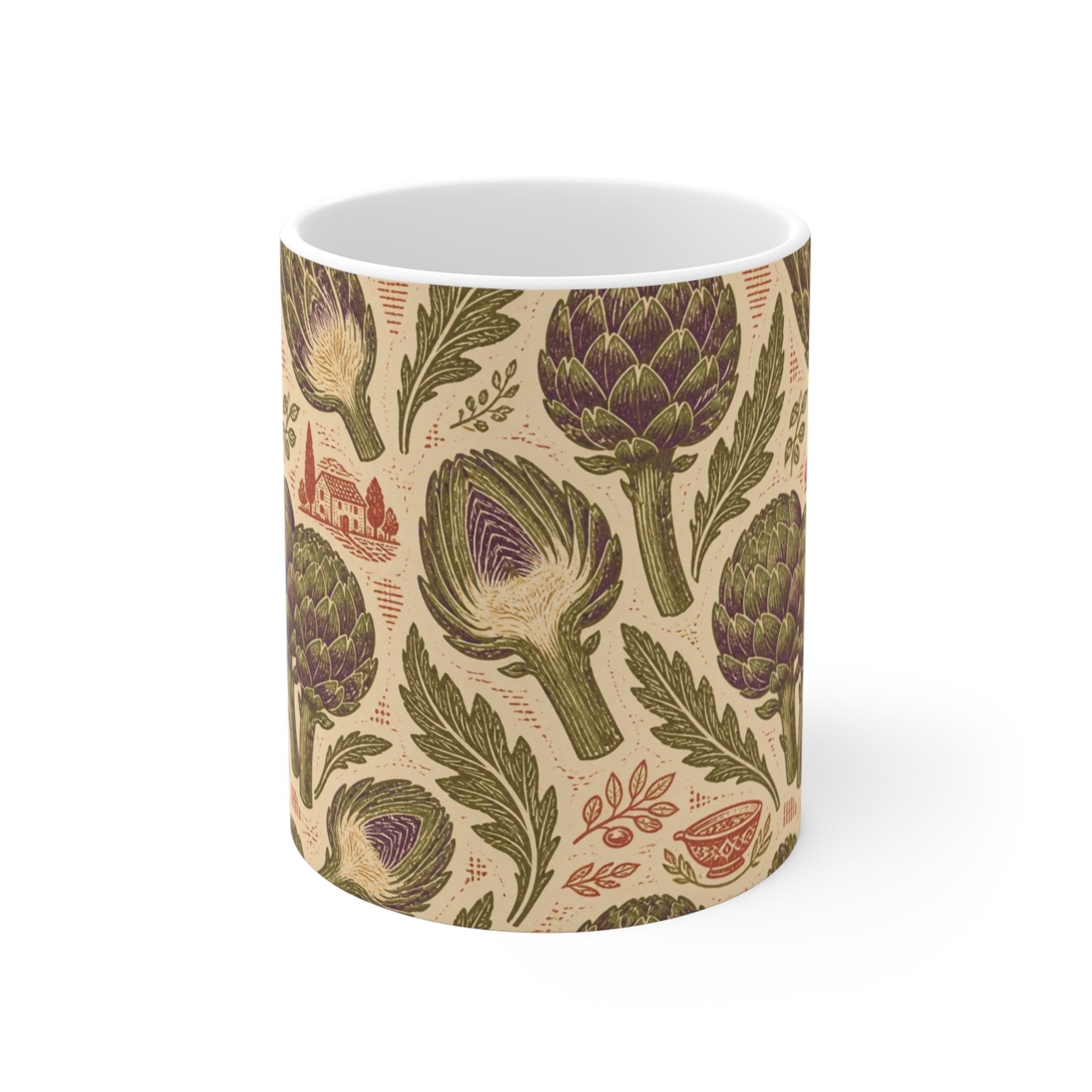 Globe Artichokes 11oz Ceramic Mug Mediterranean Kitchen Linocut Design Italian Cottagecore Gift