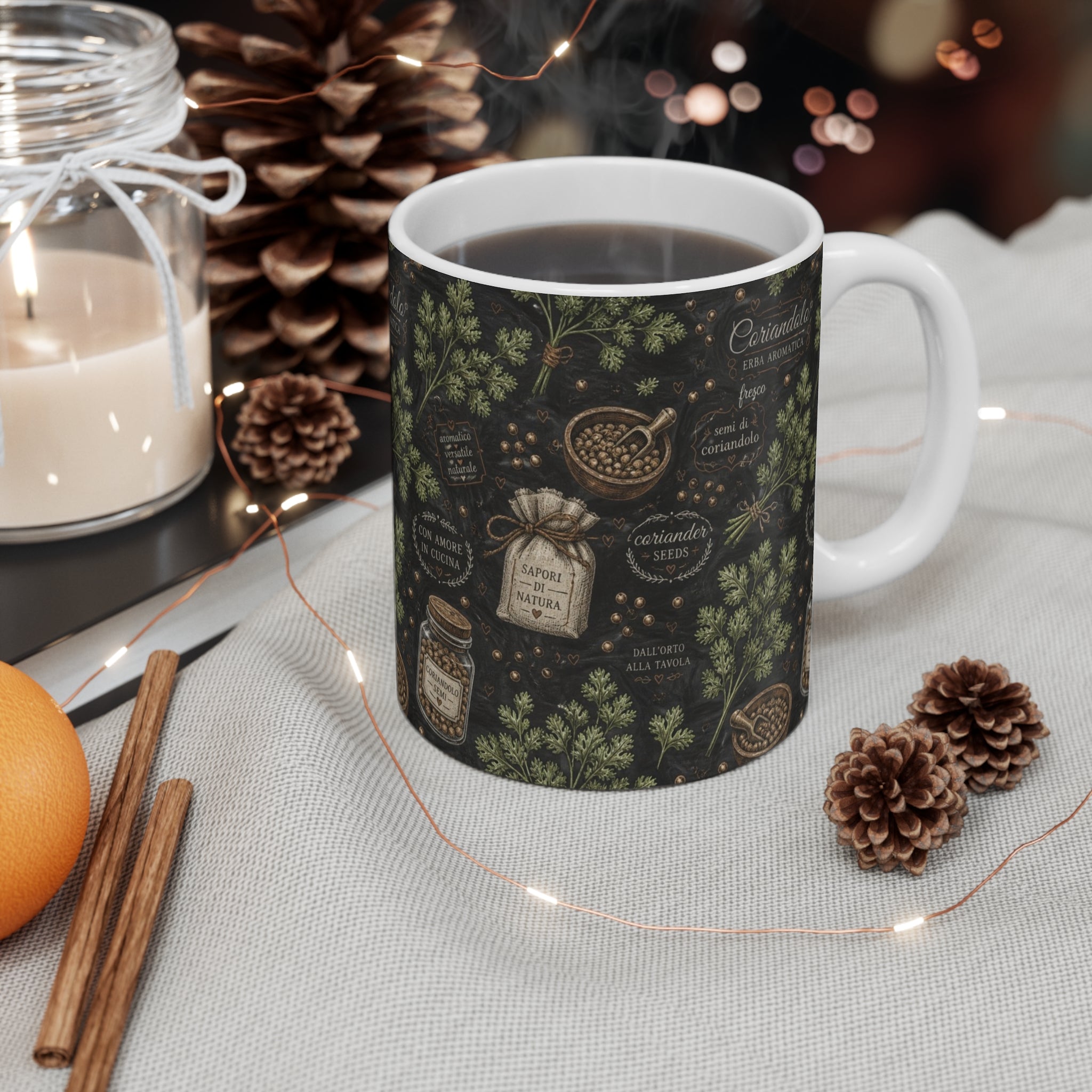 Coriander & Seeds 11oz Ceramic Mug Mediterranean Kitchen Chalk Art Design Italian Cottagecore Gift