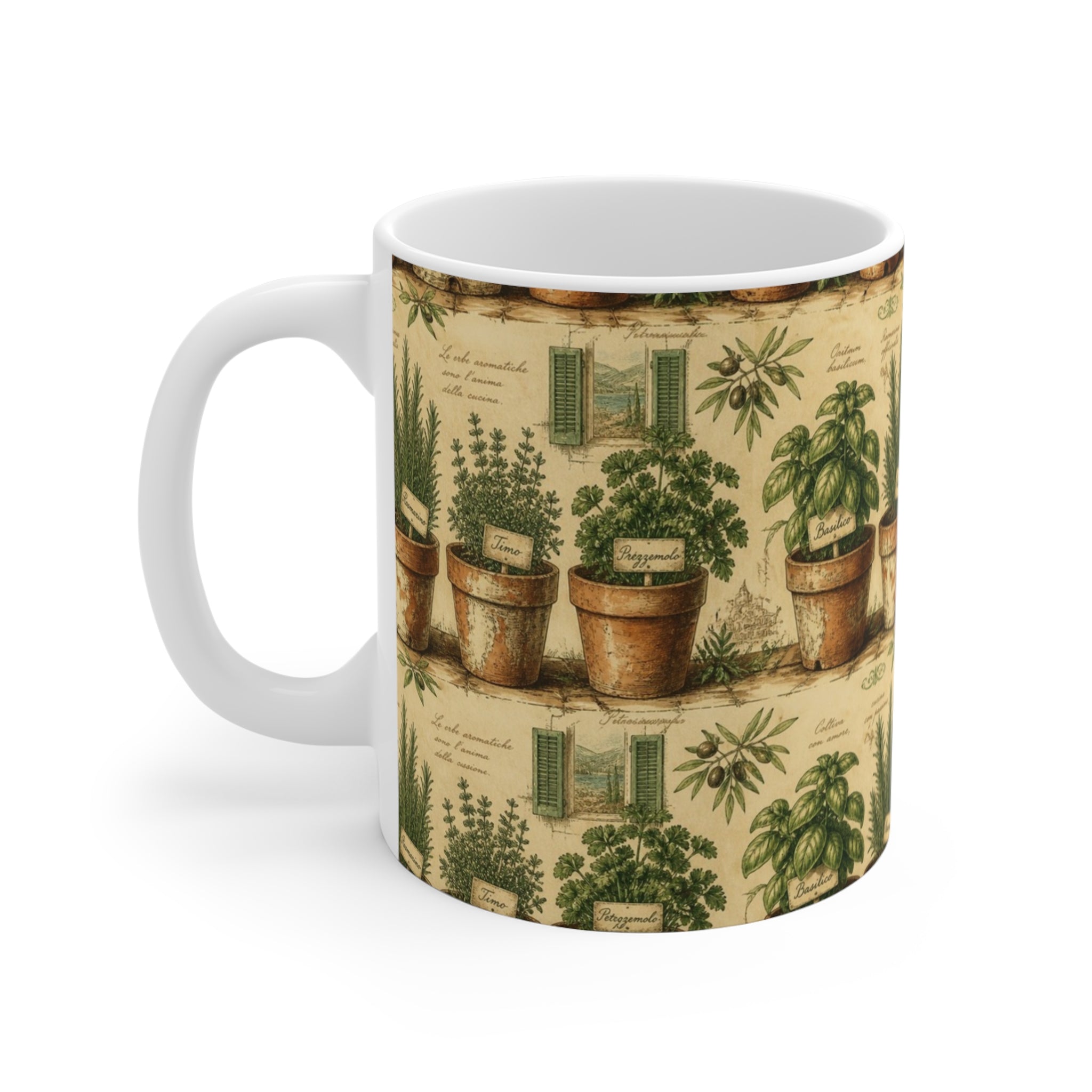 Terracotta Herb Pots 11oz Ceramic Mug Mediterranean Kitchen Botanical Design Italian Cottagecore Gift