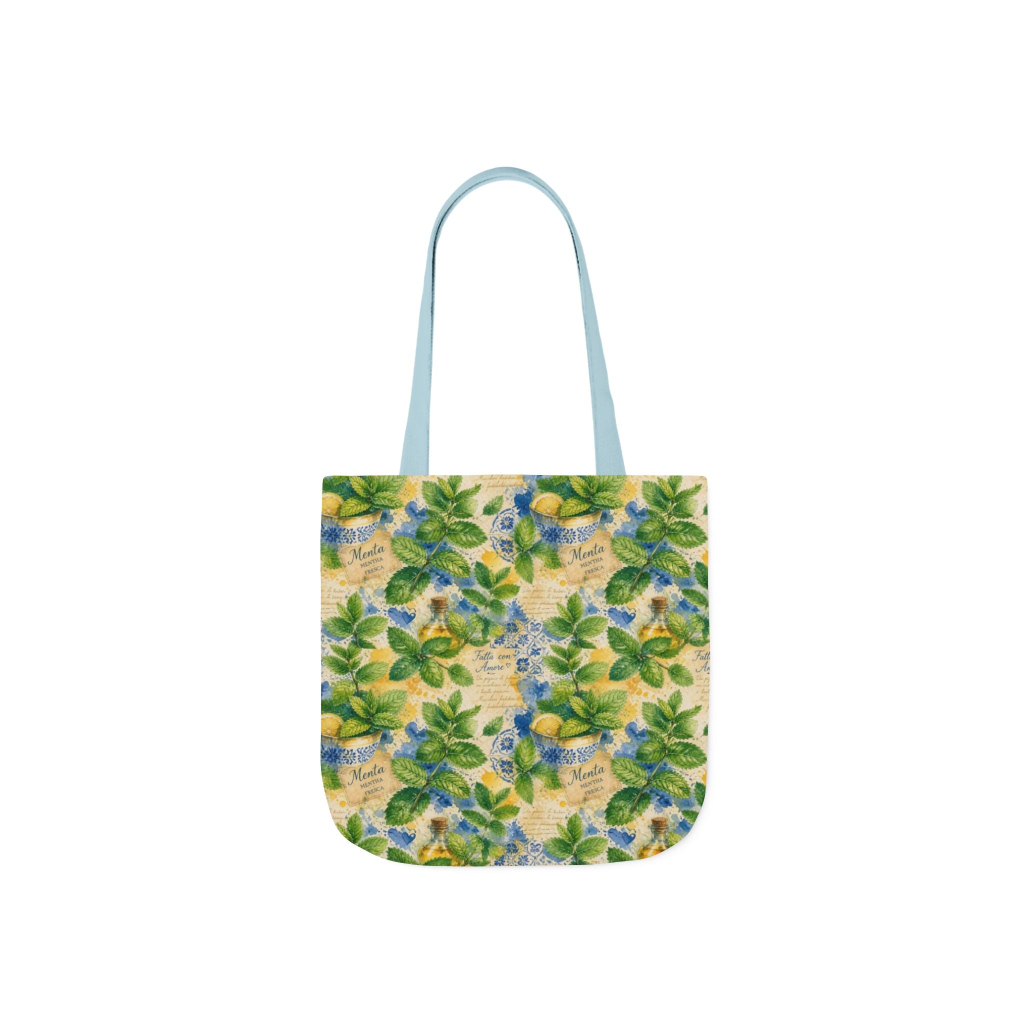 Fresh Mint Leaves Canvas Tote Bag Mediterranean Kitchen Watercolor Splash Design Italian Cottagecore Gift