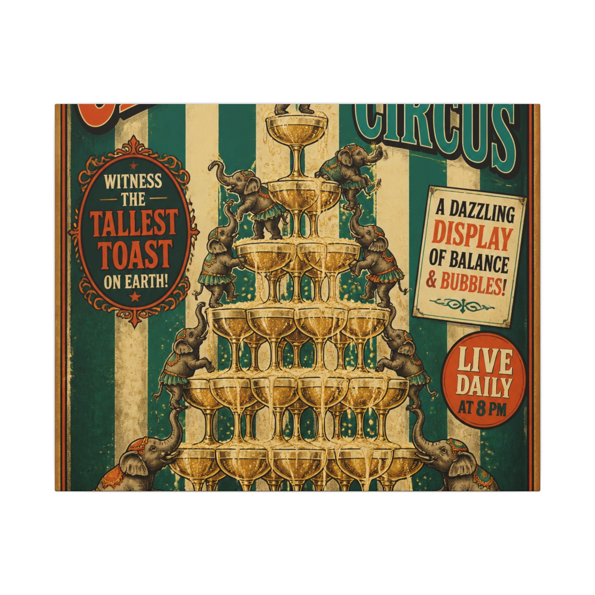Champagne Tower Elephants Wall Art Canvas 16×20 Vintage Circus Kitchen Decor Maximalist Print
