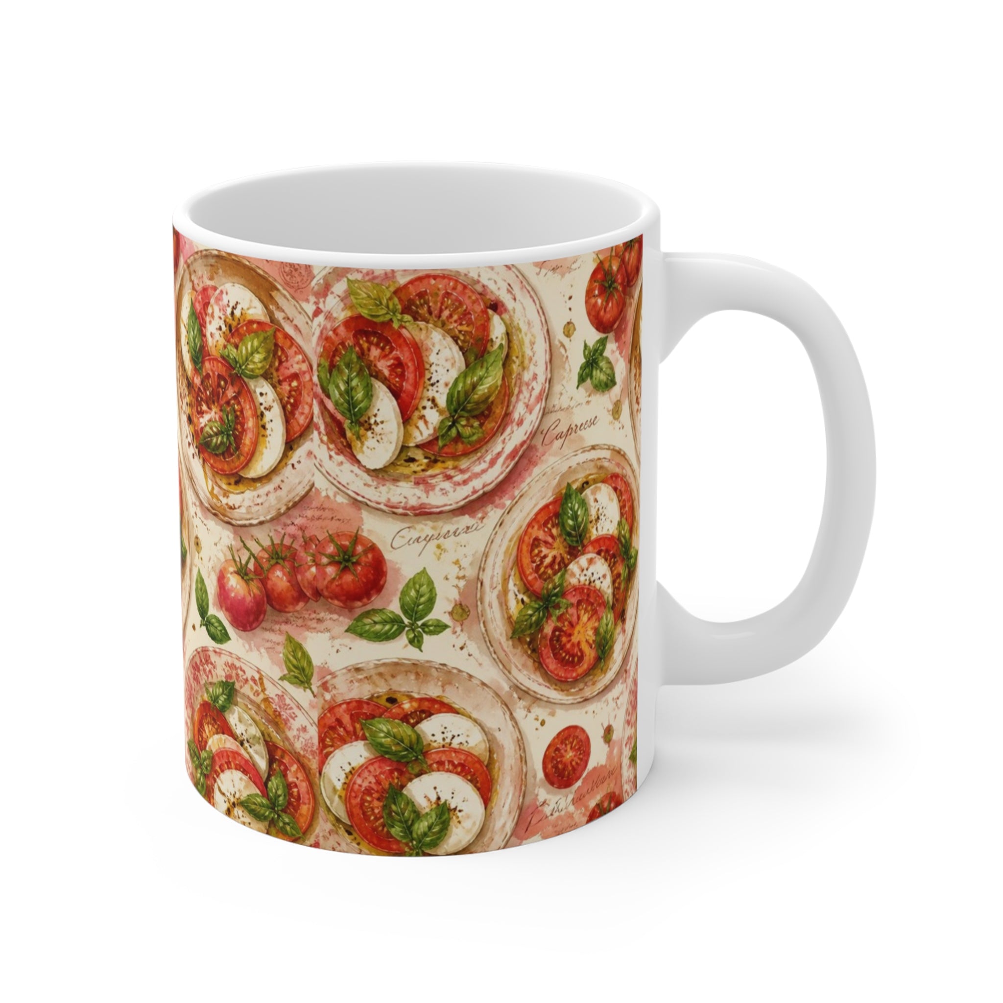 Caprese Arrangement 11oz Ceramic Mug Mediterranean Kitchen Watercolor Splash Design Italian Cottagecore Gift
