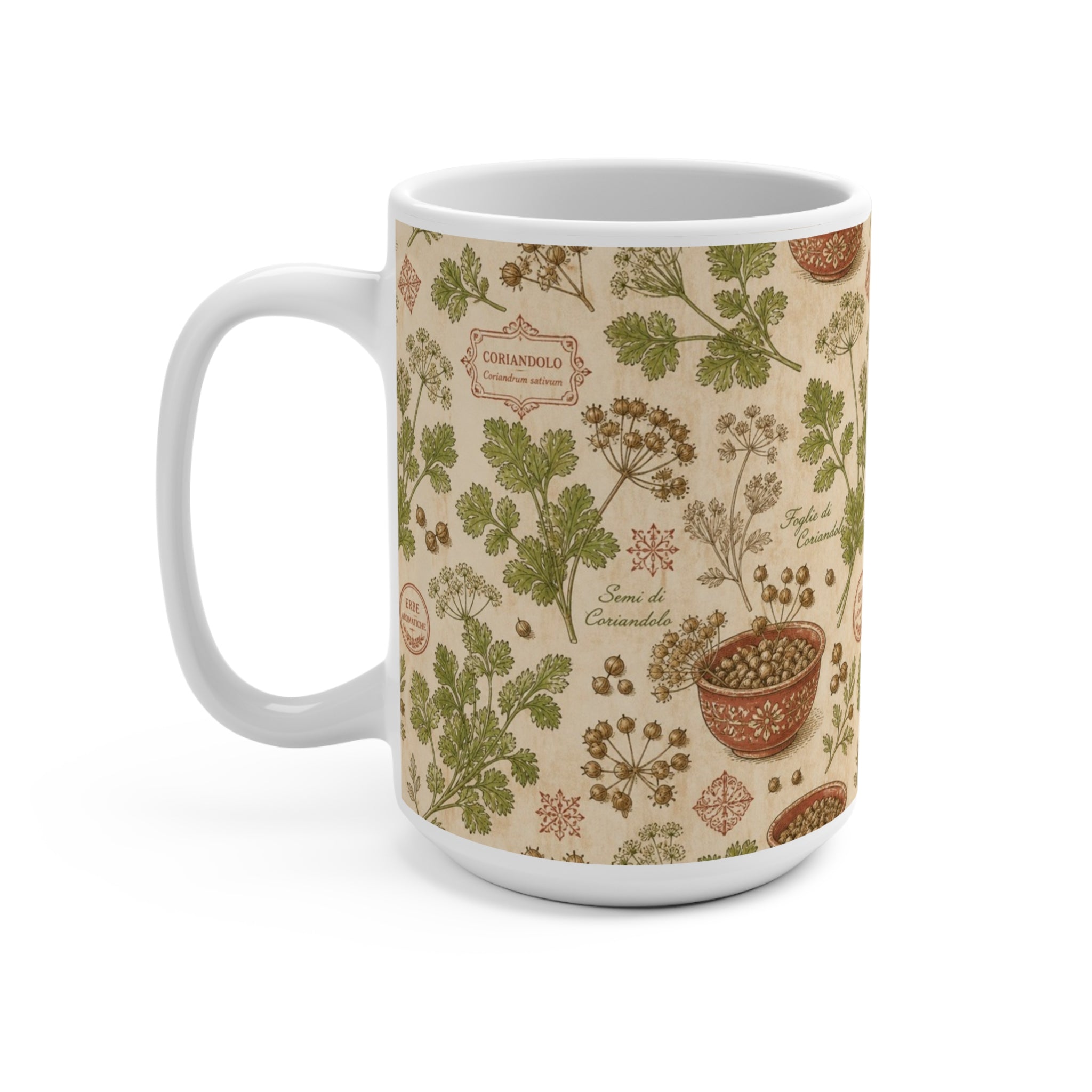 Coriander & Seeds 15oz Ceramic Mug Mediterranean Kitchen Botanical Design Italian Cottagecore Gift