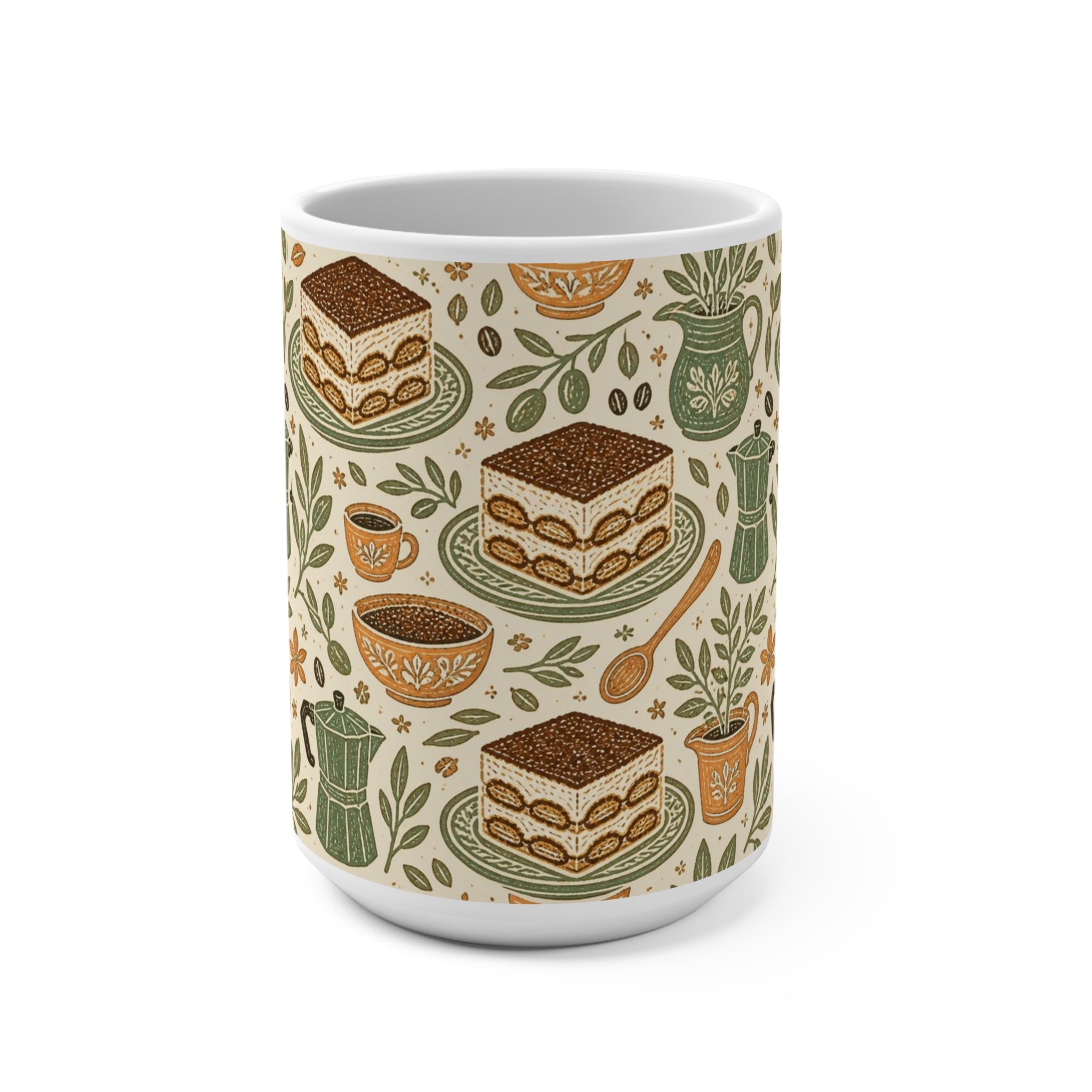 Tiramisu Layers 15oz Ceramic Mug Mediterranean Kitchen Linocut Design Italian Cottagecore Gift