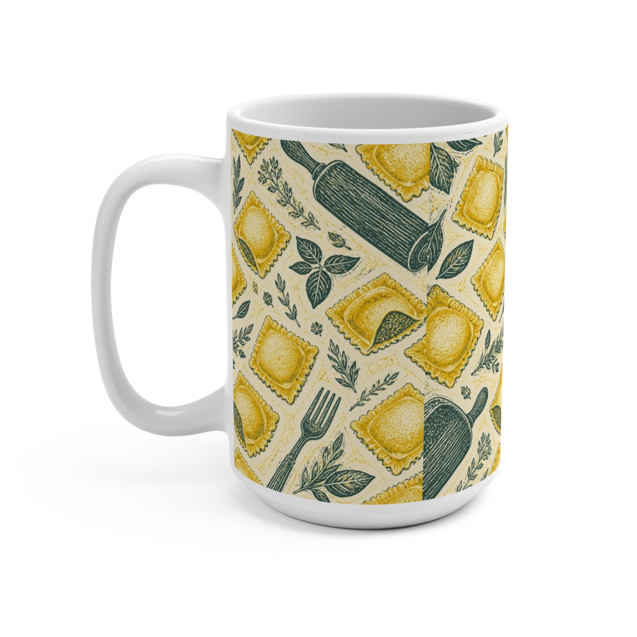 Fresh Ravioli 15oz Ceramic Mug Mediterranean Kitchen Linocut Design Italian Cottagecore Gift