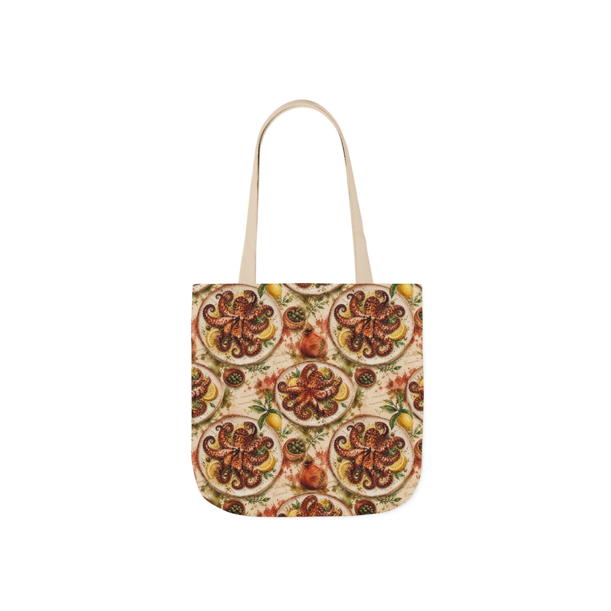Grilled Octopus Canvas Tote Bag Mediterranean Kitchen Watercolor Splash Design Italian Cottagecore Gift