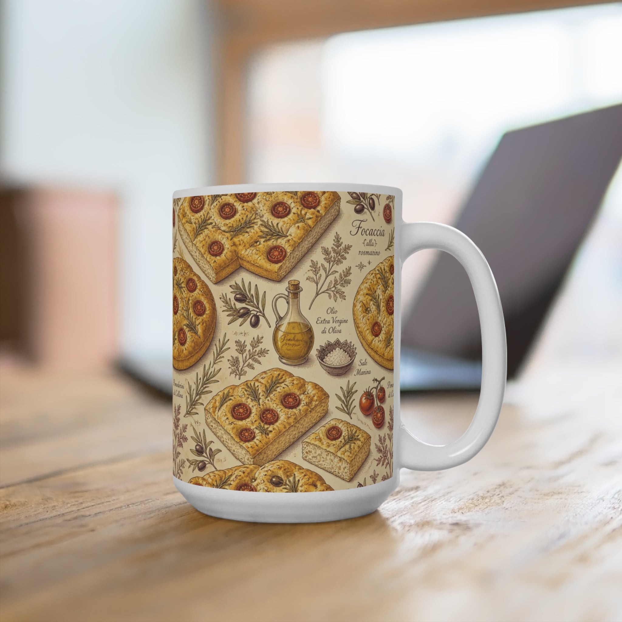Focaccia Bread 15oz Ceramic Mug Mediterranean Kitchen Botanical Design Italian Cottagecore Gift