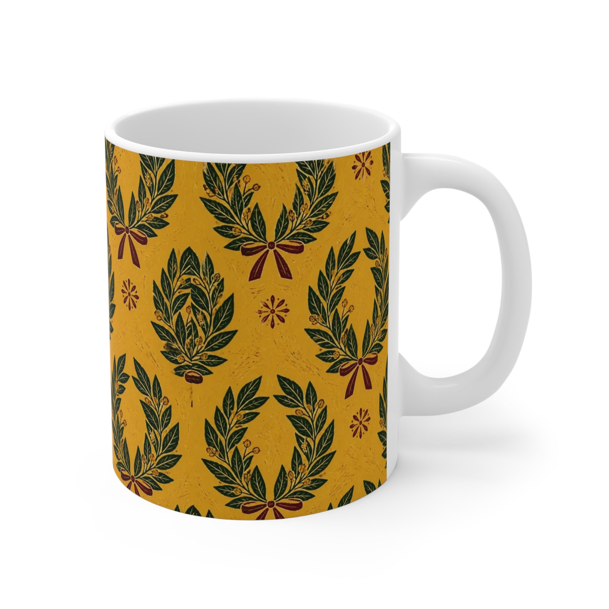 Bay Laurel Wreath 11oz Ceramic Mug Mediterranean Kitchen Linocut Design Italian Cottagecore Gift