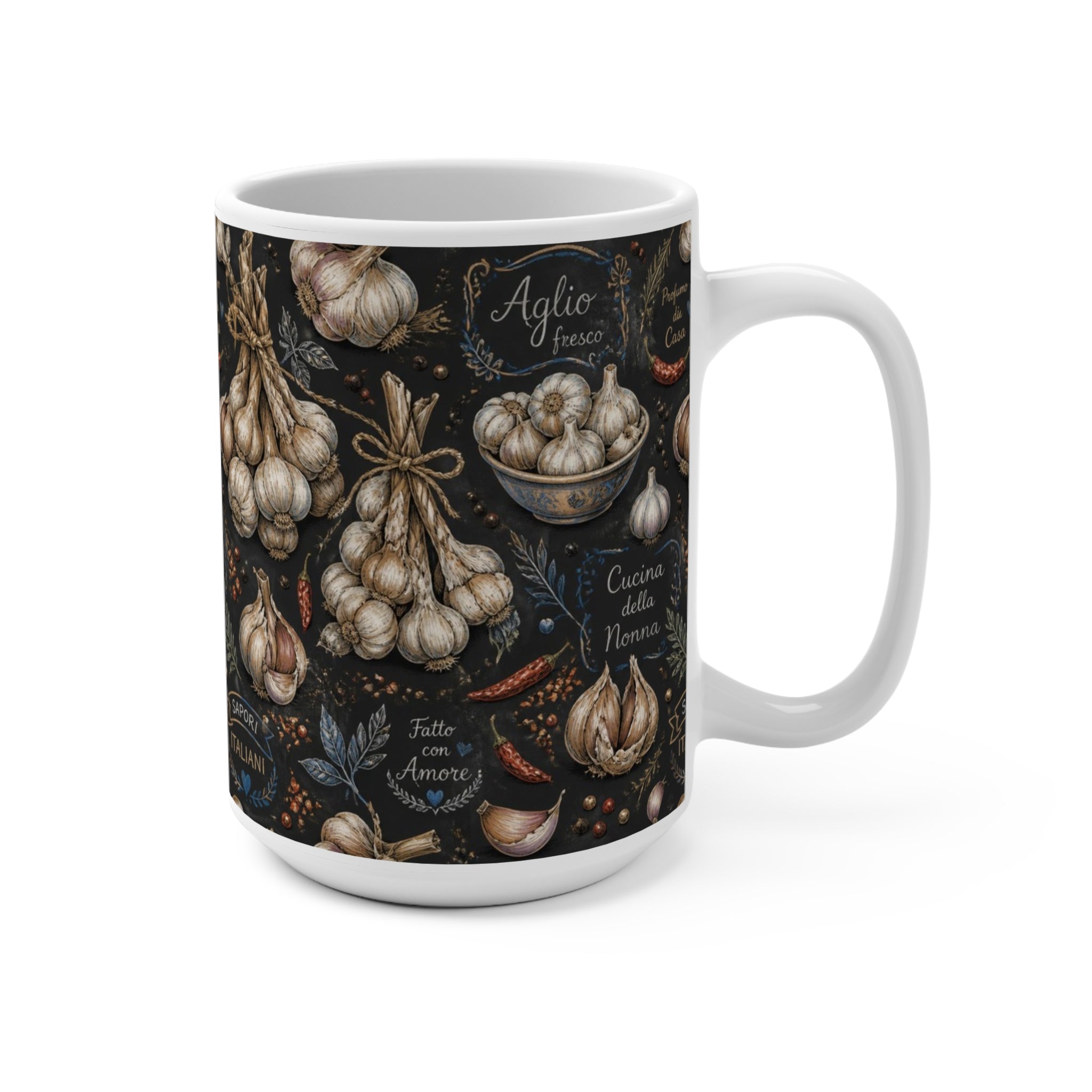 Garlic Bulbs & Cloves 15oz Ceramic Mug Mediterranean Kitchen Chalk Art Design Italian Cottagecore Gift