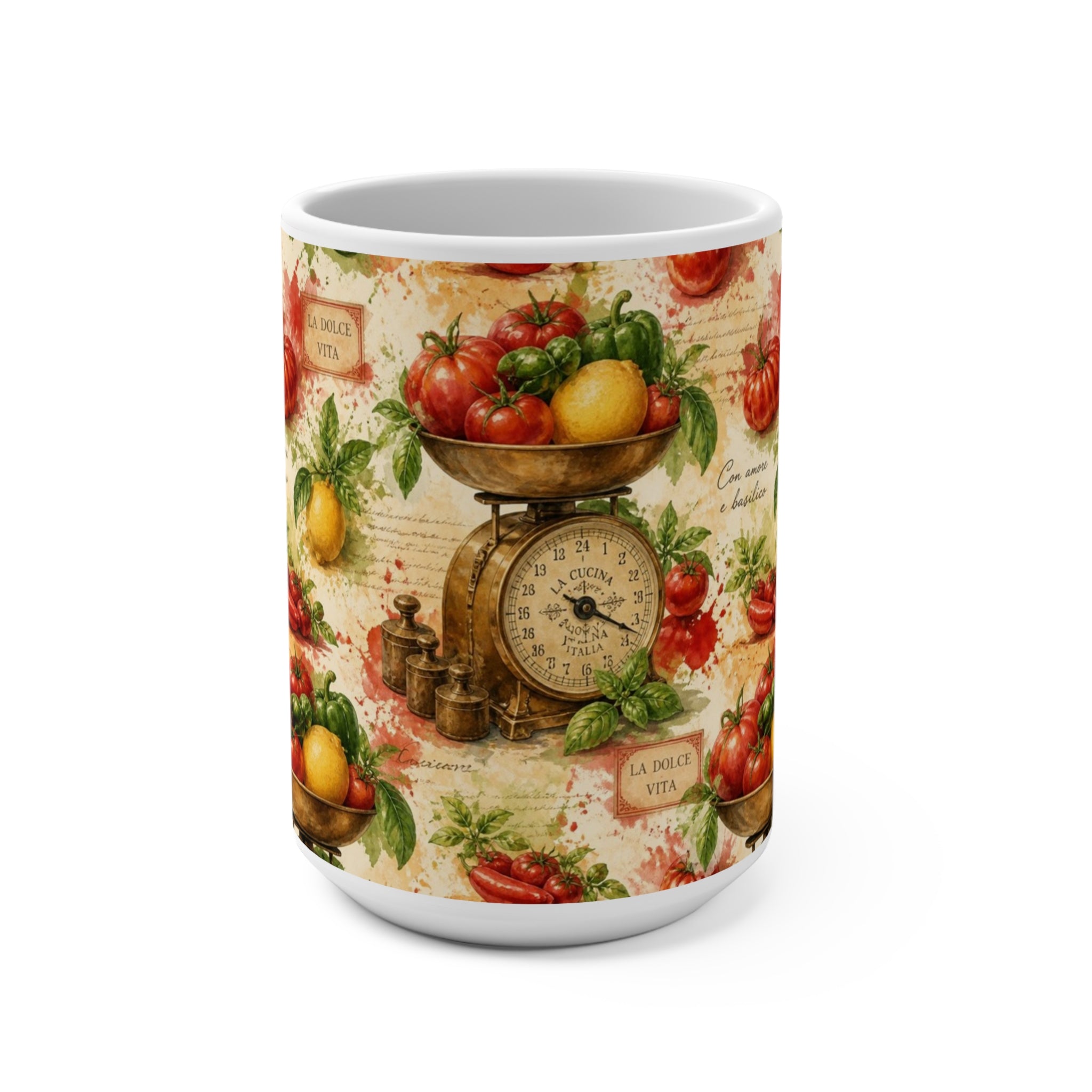 Vintage Kitchen Scale 15oz Ceramic Mug Mediterranean Kitchen Watercolor Splash Design Italian Cottagecore Gift