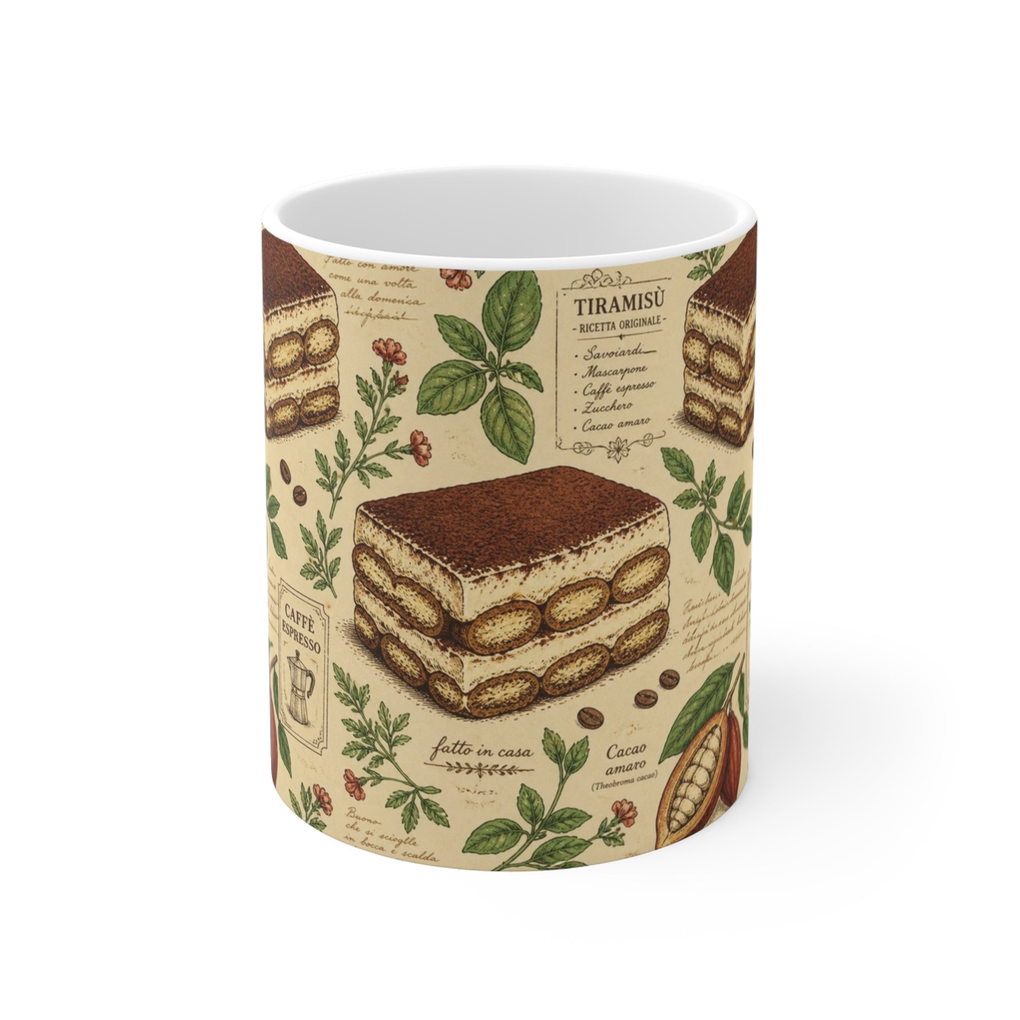 Tiramisu Layers 11oz Ceramic Mug Mediterranean Kitchen Botanical Design Italian Cottagecore Gift