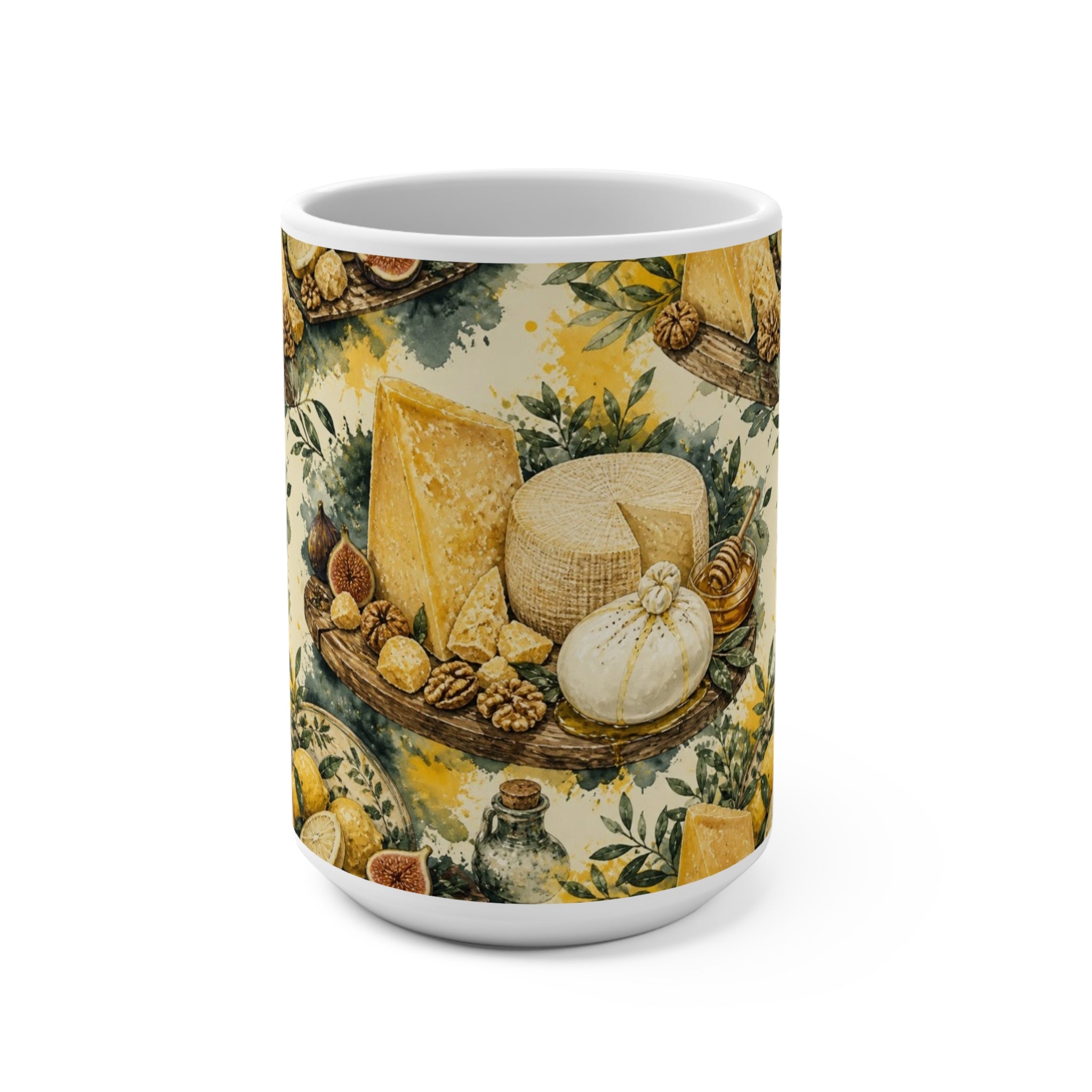 Italian Cheese Board 15oz Ceramic Mug Mediterranean Kitchen Watercolor Splash Design Italian Cottagecore Gift