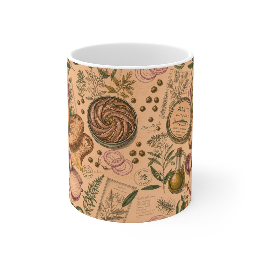 Anchovies & Capers 11oz Ceramic Mug Mediterranean Kitchen Botanical Design Italian Cottagecore Gift