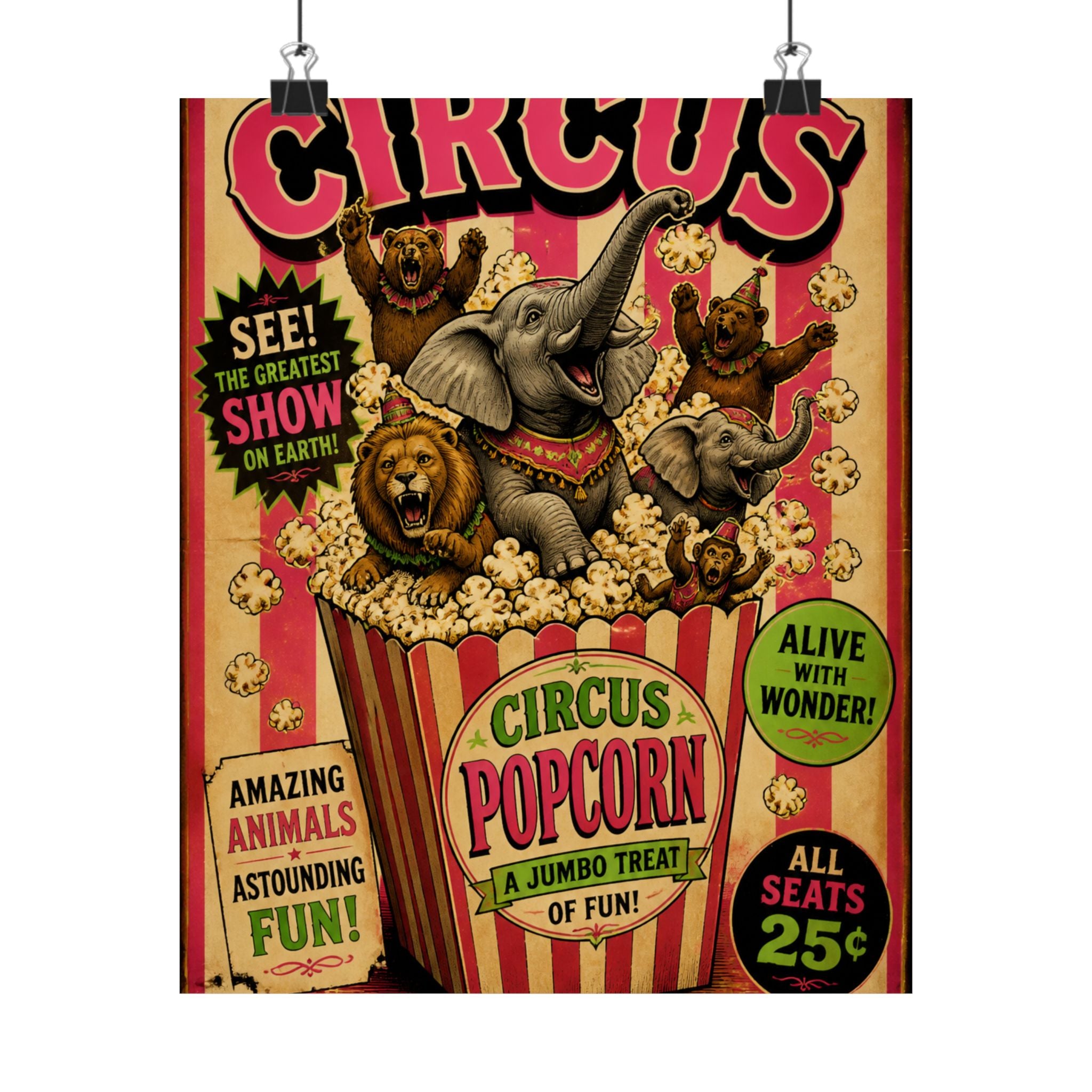 Popcorn Box Animals Wall Art Poster 18×24 Vintage Circus Kitchen Decor Maximalist Print