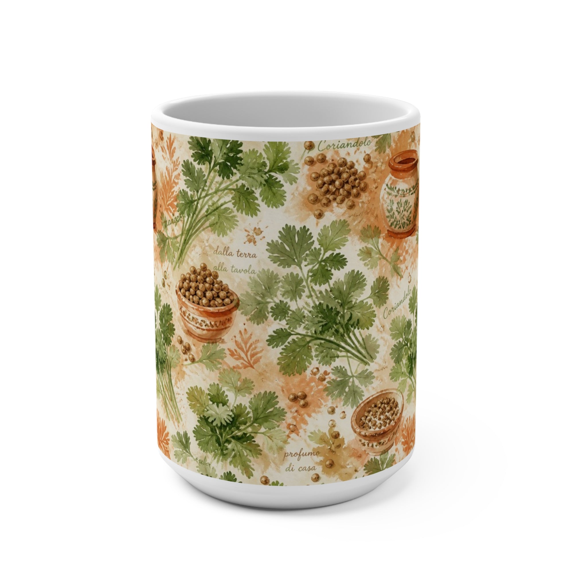Coriander & Seeds 15oz Ceramic Mug Mediterranean Kitchen Watercolor Splash Design Italian Cottagecore Gift
