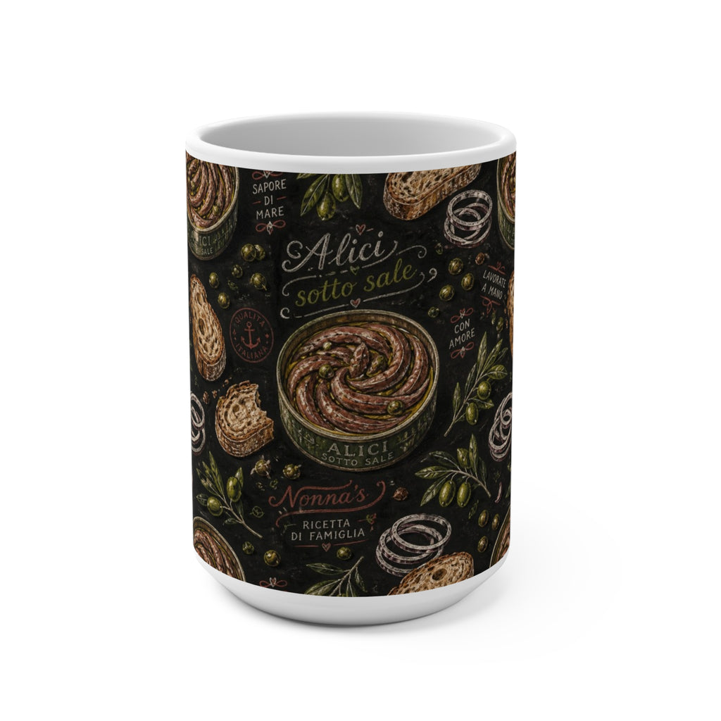Anchovies & Capers 15oz Ceramic Mug Mediterranean Kitchen Chalk Art Design Italian Cottagecore Gift