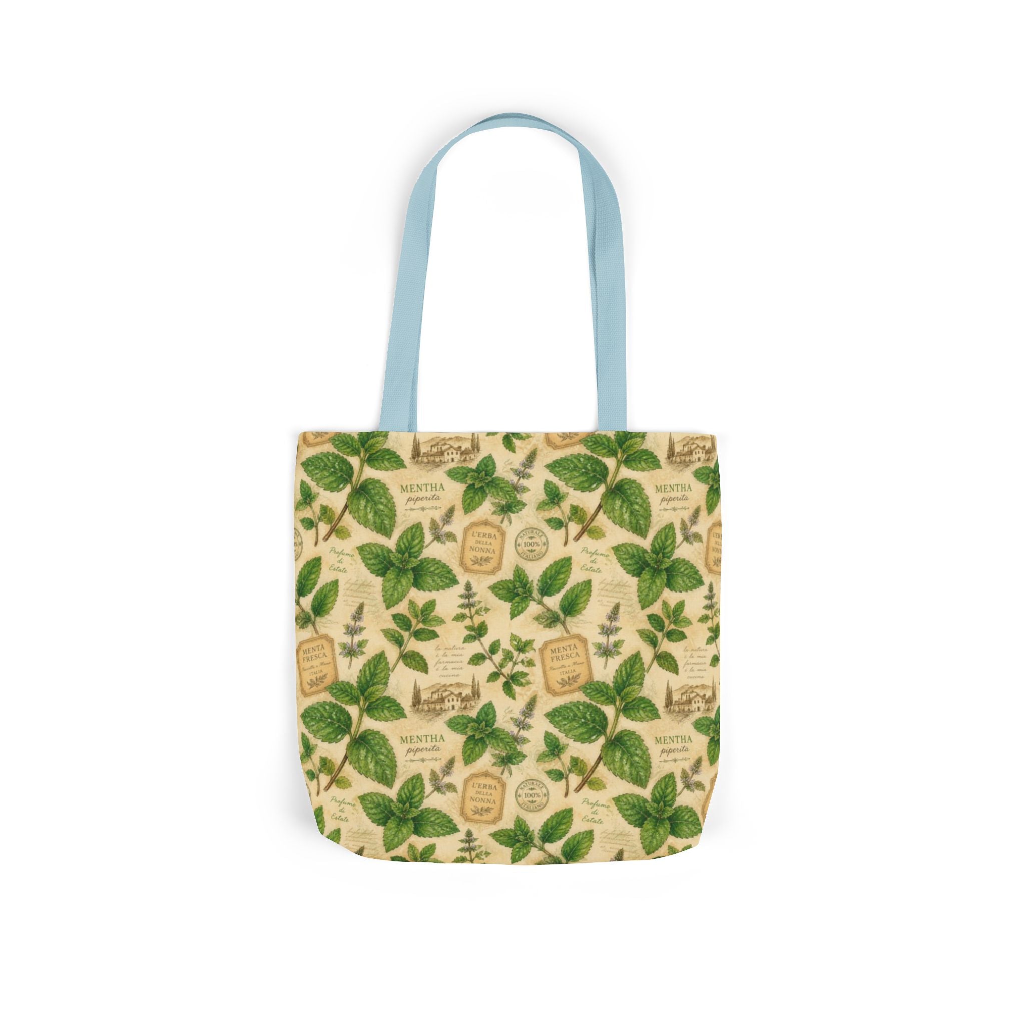 Fresh Mint Leaves Canvas Tote Bag Mediterranean Kitchen Watercolor Design Italian Cottagecore Gift