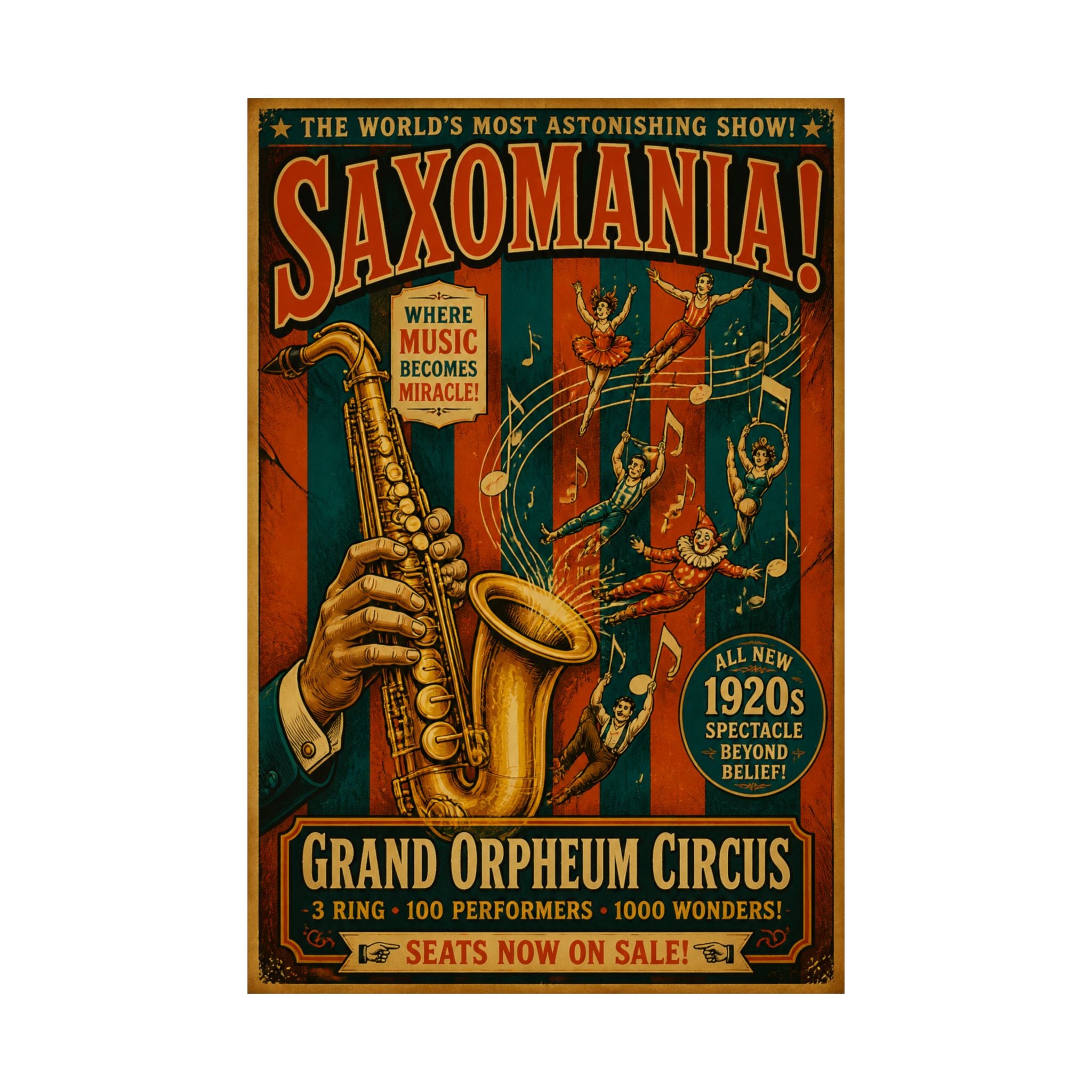 Saxophone Music Circus Wall Art Poster 18×24 Vintage Circus Kitchen Decor Maximalist Print