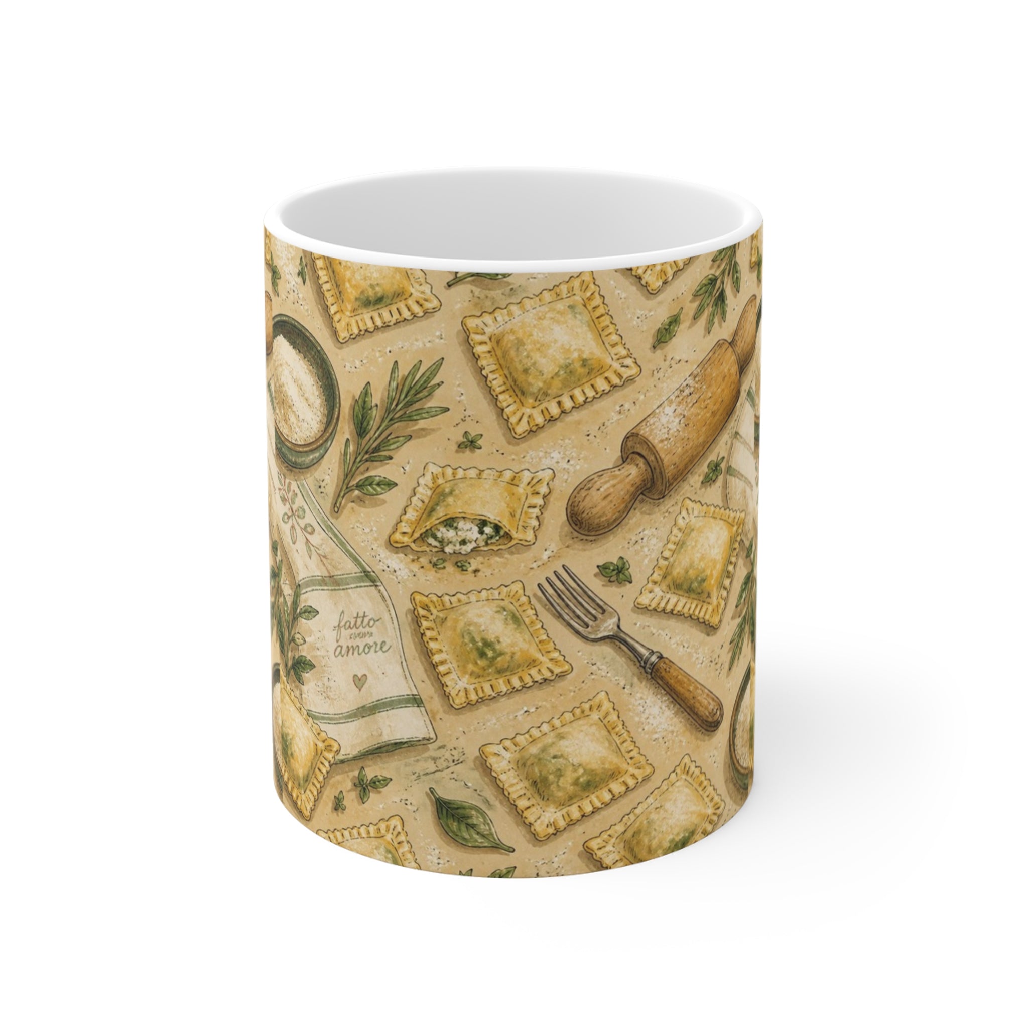Fresh Ravioli 11oz Ceramic Mug Mediterranean Kitchen Watercolor Design Italian Cottagecore Gift