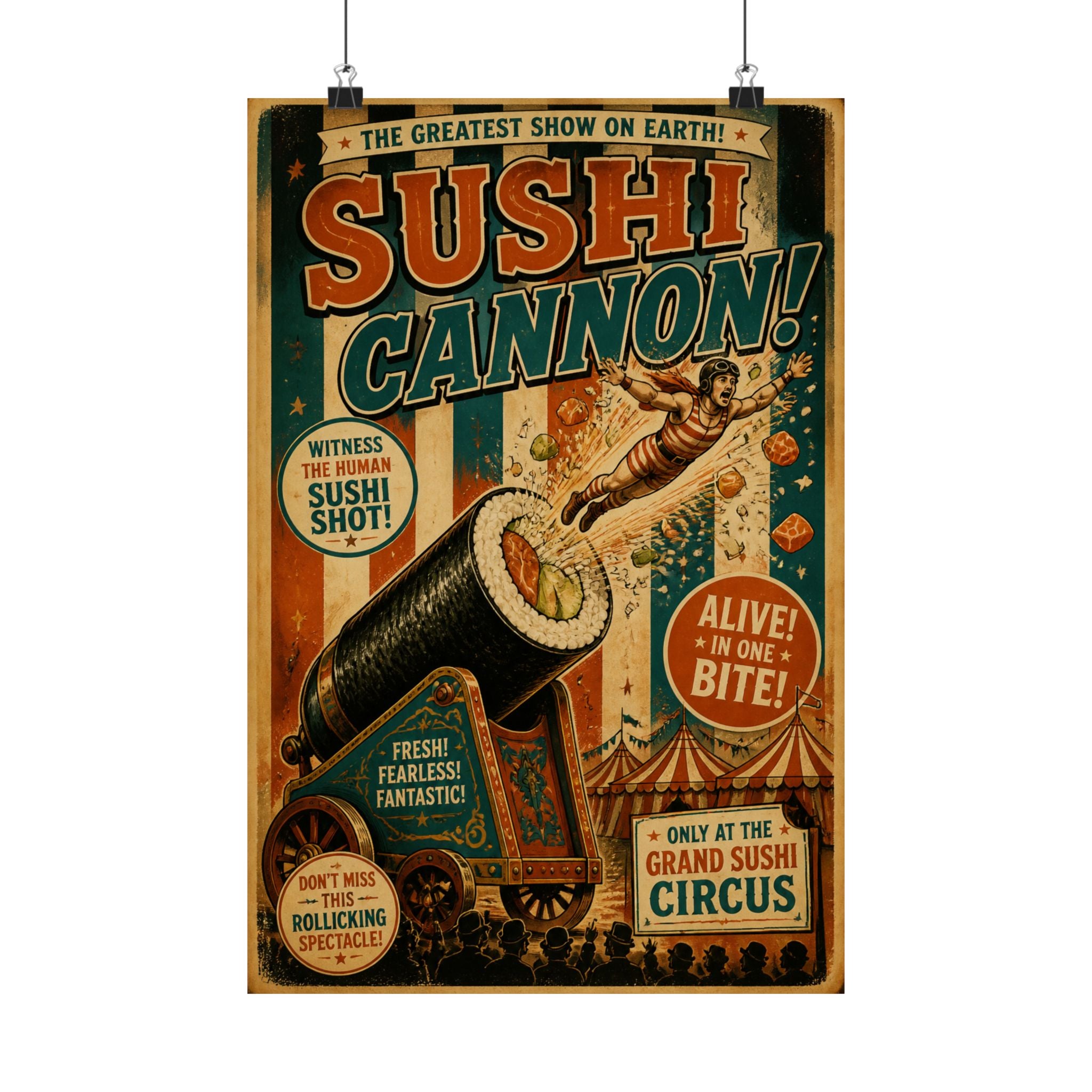 Sushi Roll Cannon Wall Art Poster 24×36 Vintage Circus Bedroom Decor Maximalist Print