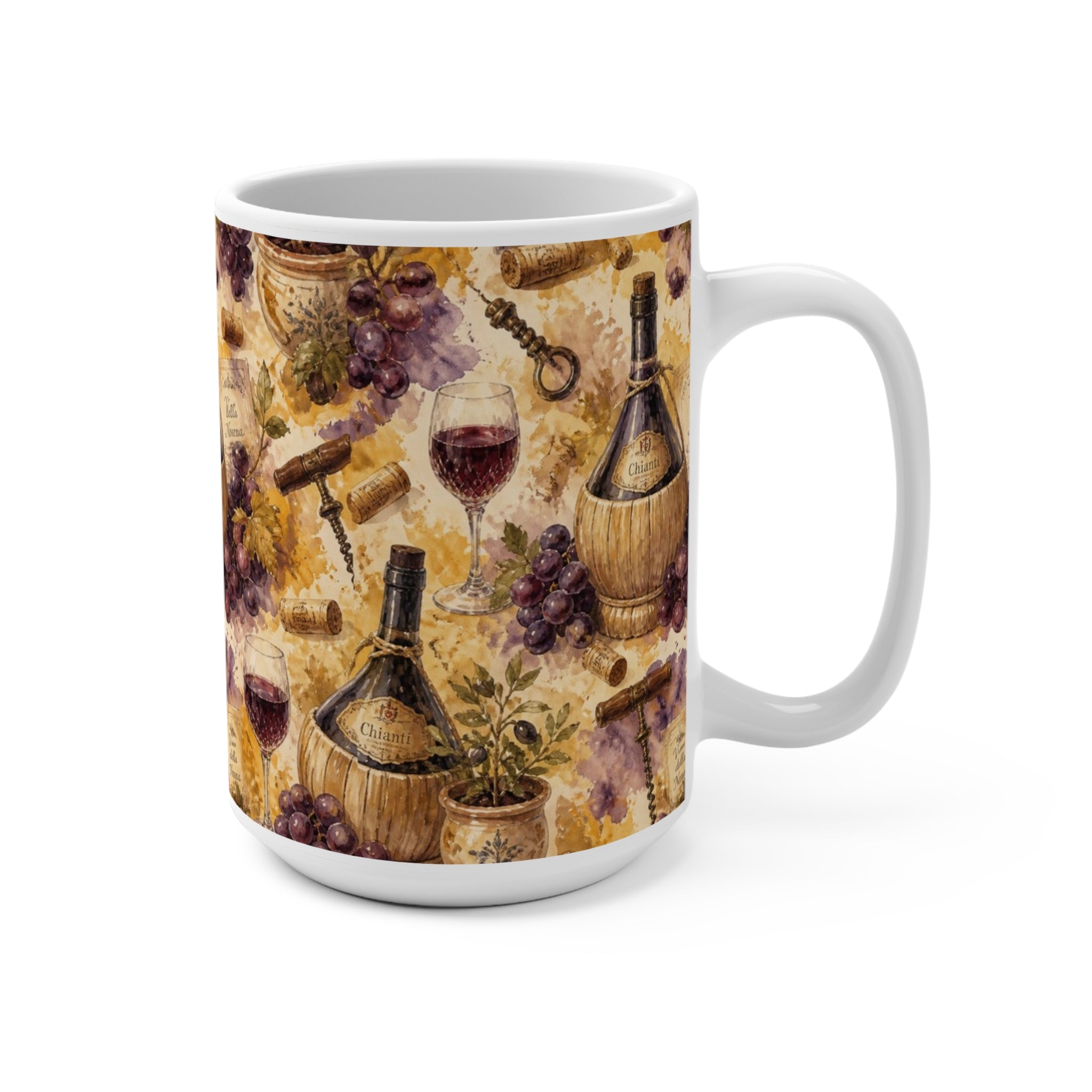 Wine Bottles & Glasses 15oz Ceramic Mug Mediterranean Kitchen Watercolor Splash Design Italian Cottagecore Gift