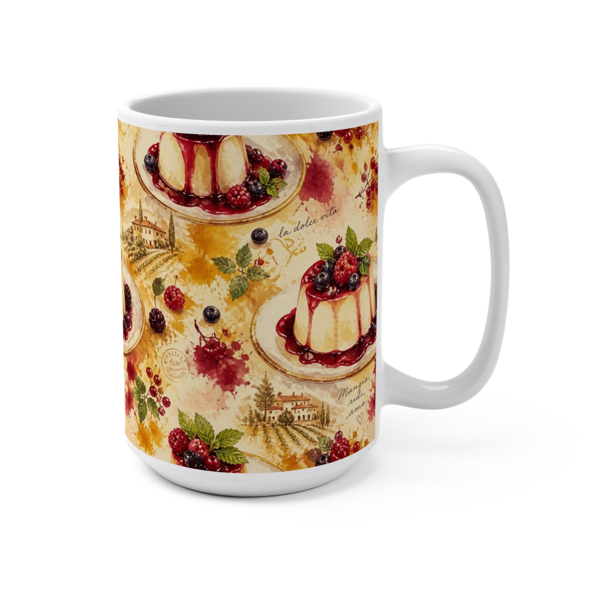 Panna Cotta 15oz Ceramic Mug Mediterranean Kitchen Watercolor Splash Design Italian Cottagecore Gift