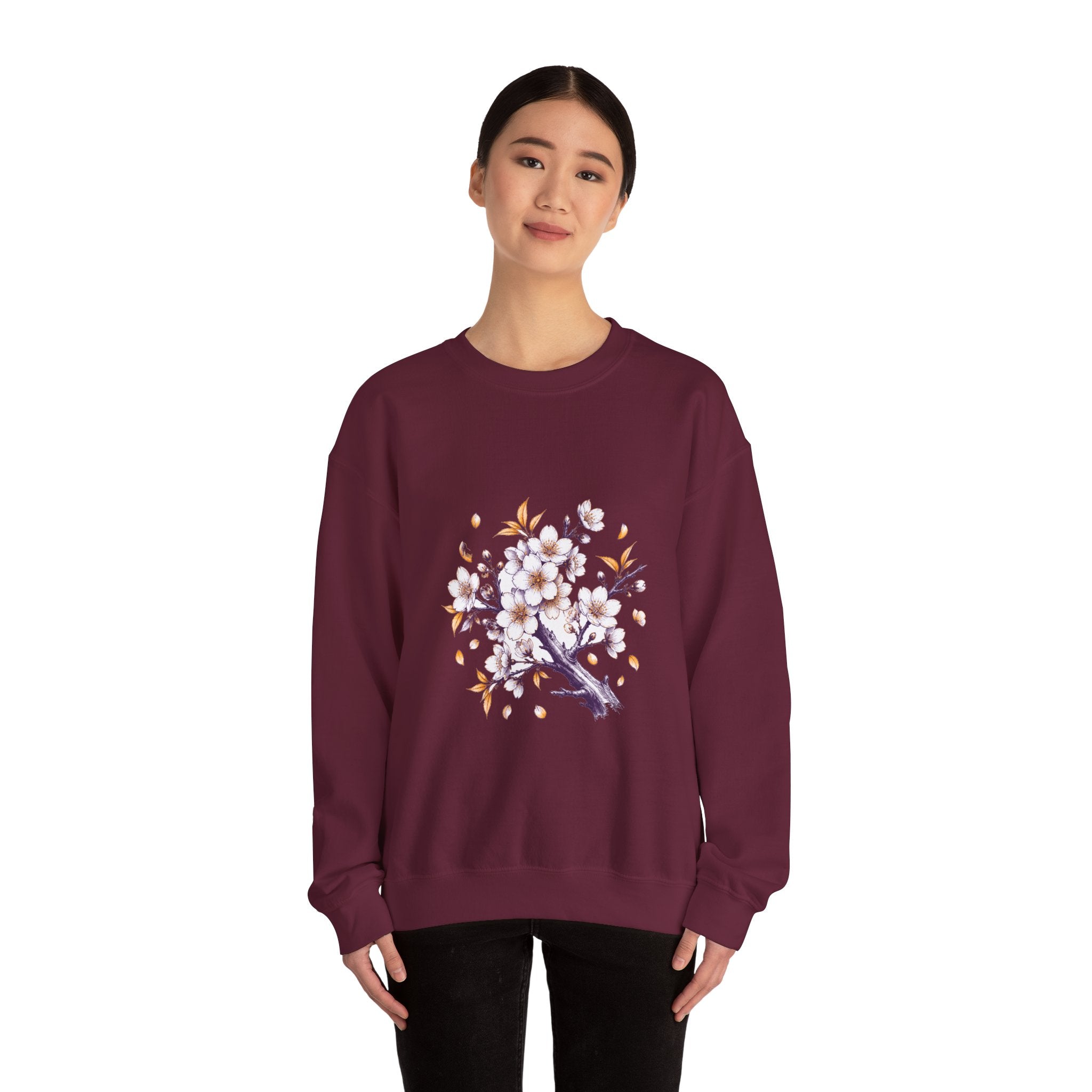 Matching Couple Sweatshirt - Cherry Blossom & Maple Leaf Matching Couple Comfort Colors Crew Hand-Drawn Art His Hers Anniversary Gift - Design A