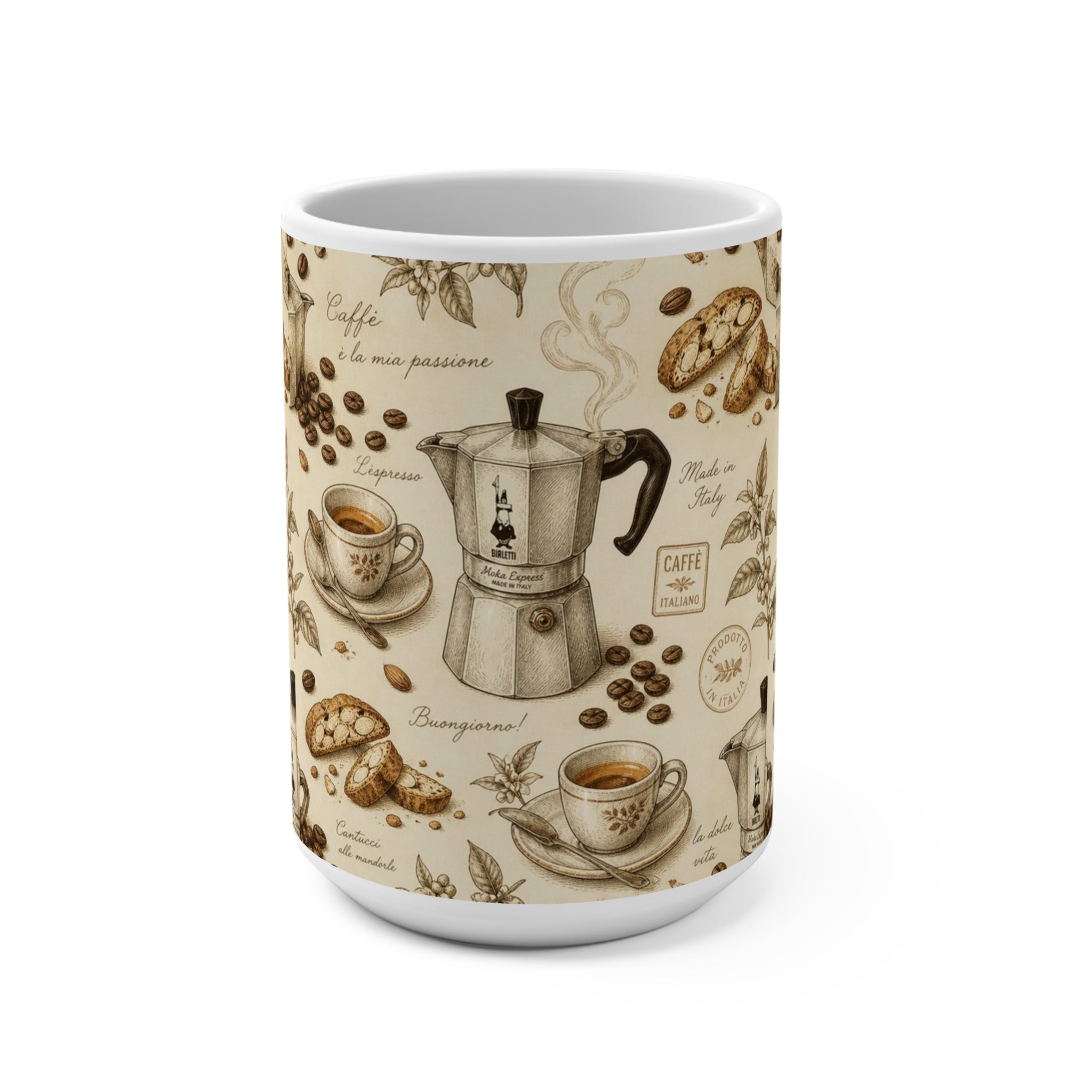 Espresso Moka Pot 15oz Ceramic Mug Mediterranean Kitchen Botanical Design Italian Cottagecore Gift