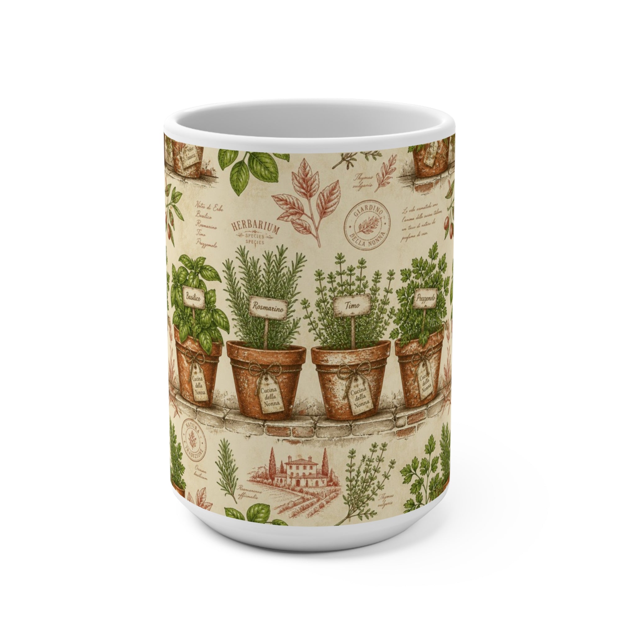 Terracotta Herb Pots 15oz Ceramic Mug Mediterranean Kitchen Botanical Design Italian Cottagecore Gift