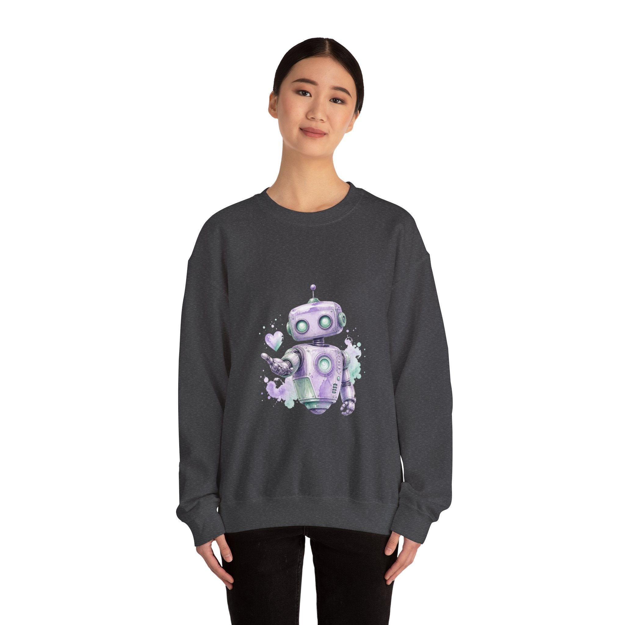 Matching Couple Sweatshirt - Robot & Heart Matching Couple Premium Fleece Sweatshirt Watercolor Art His Hers Birthday Gift - Design A