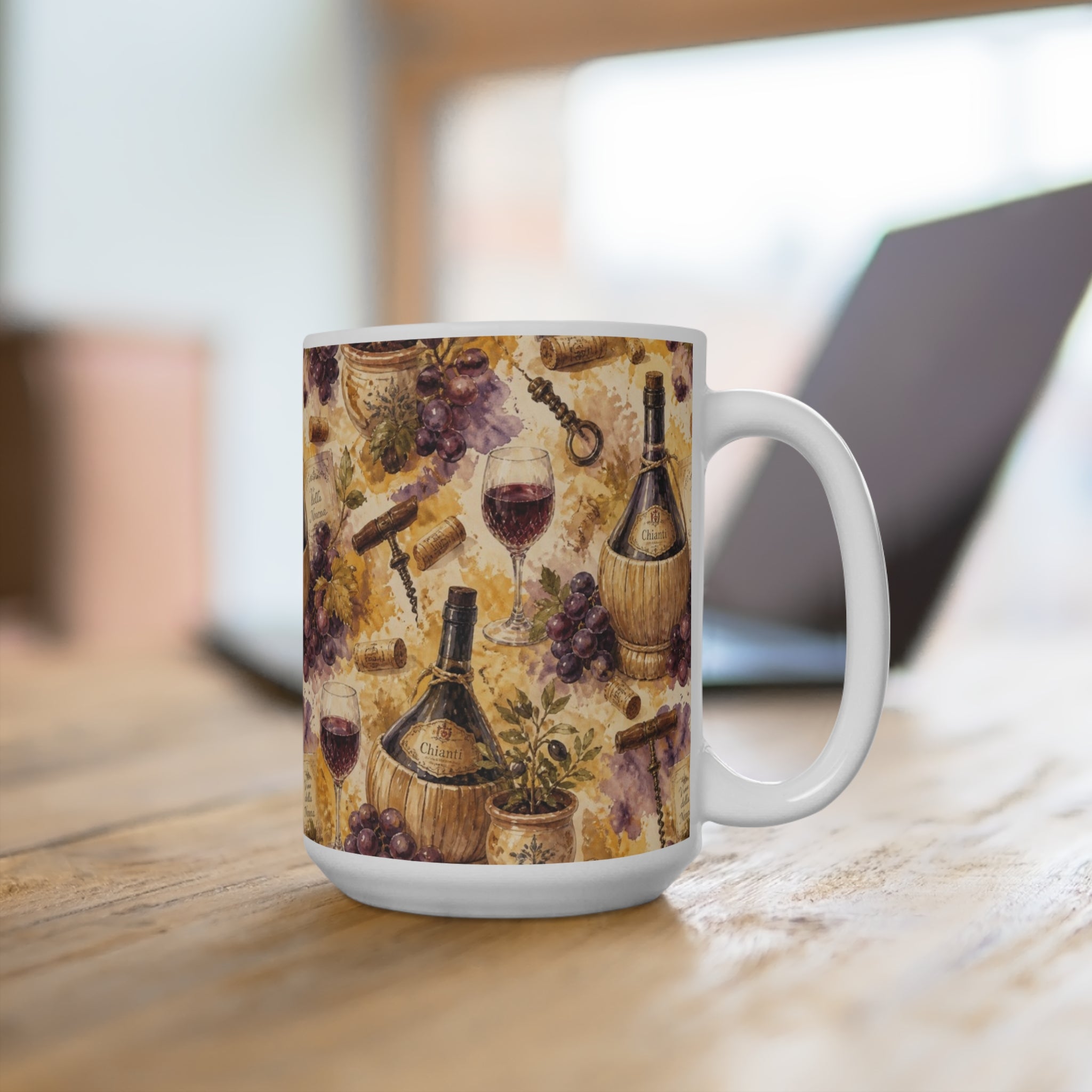 Wine Bottles & Glasses 15oz Ceramic Mug Mediterranean Kitchen Watercolor Splash Design Italian Cottagecore Gift