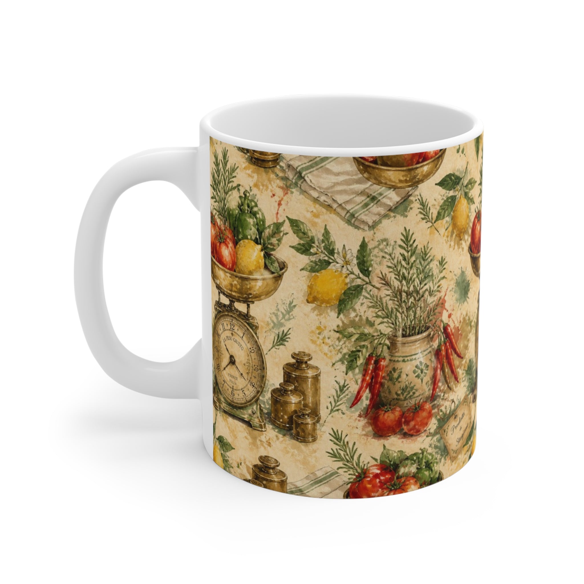 Vintage Kitchen Scale 11oz Ceramic Mug Mediterranean Kitchen Watercolor Splash Design Italian Cottagecore Gift
