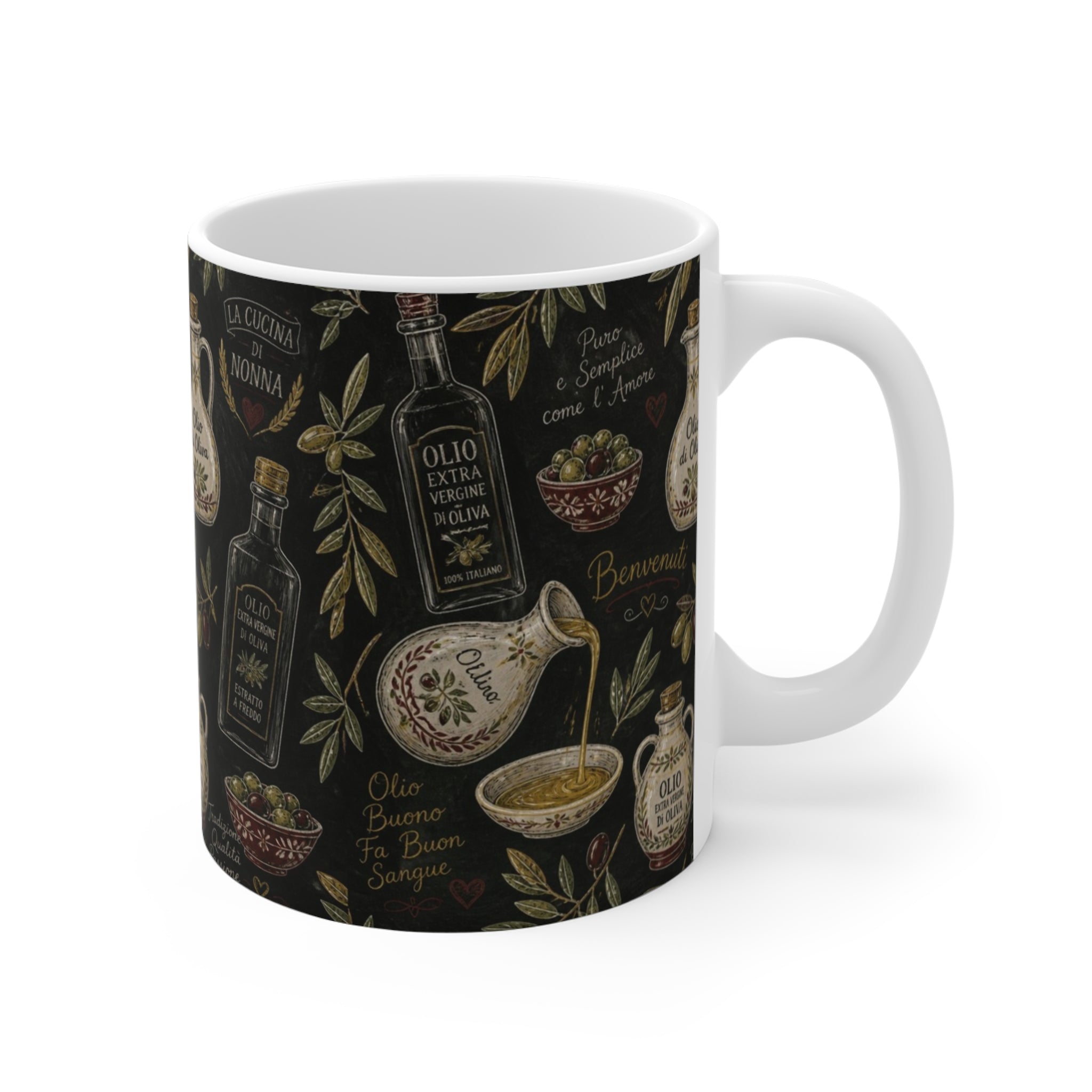 Olive Oil Bottles 11oz Ceramic Mug Mediterranean Kitchen Chalk Art Design Italian Cottagecore Gift