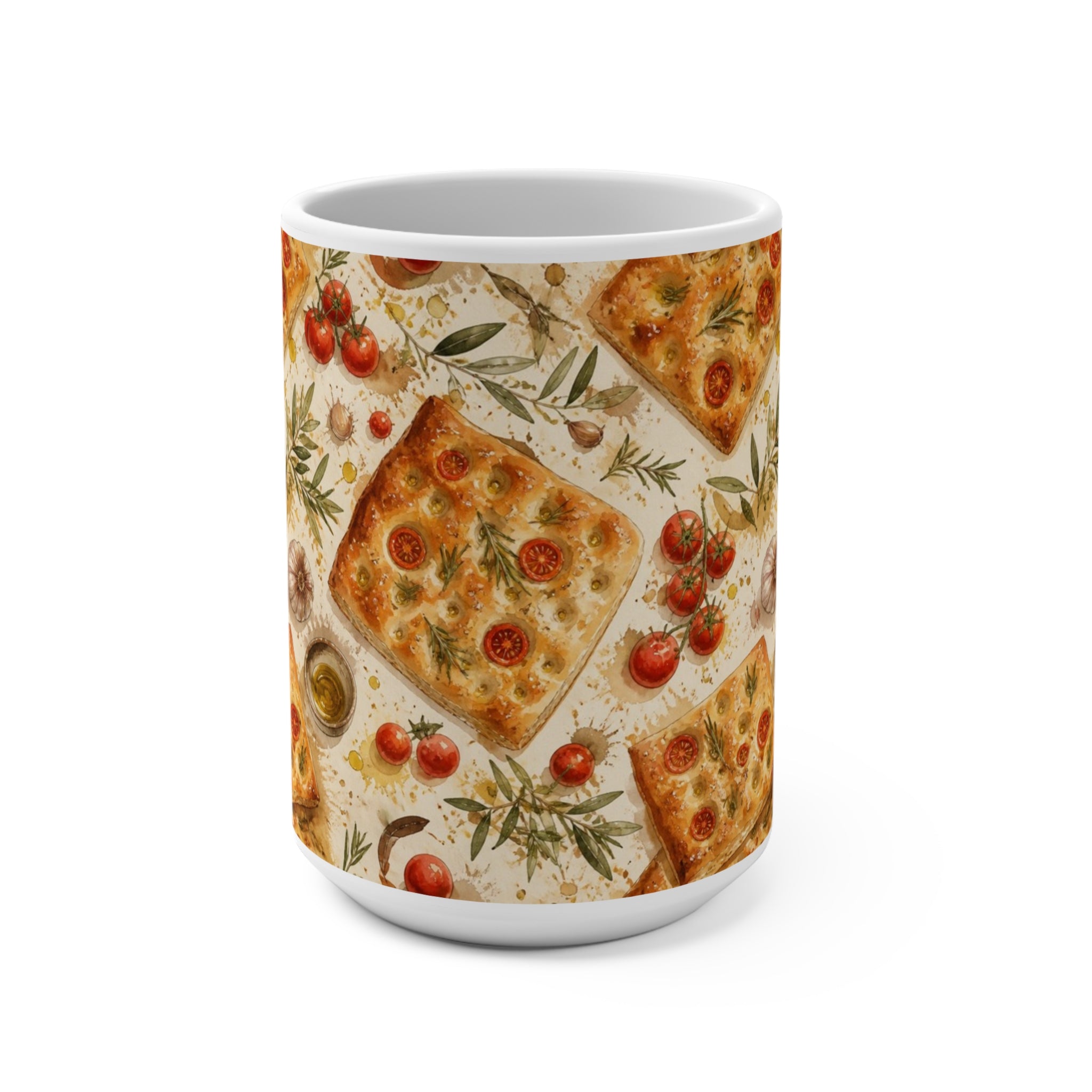 Focaccia Bread 15oz Ceramic Mug Mediterranean Kitchen Watercolor Splash Design Italian Cottagecore Gift