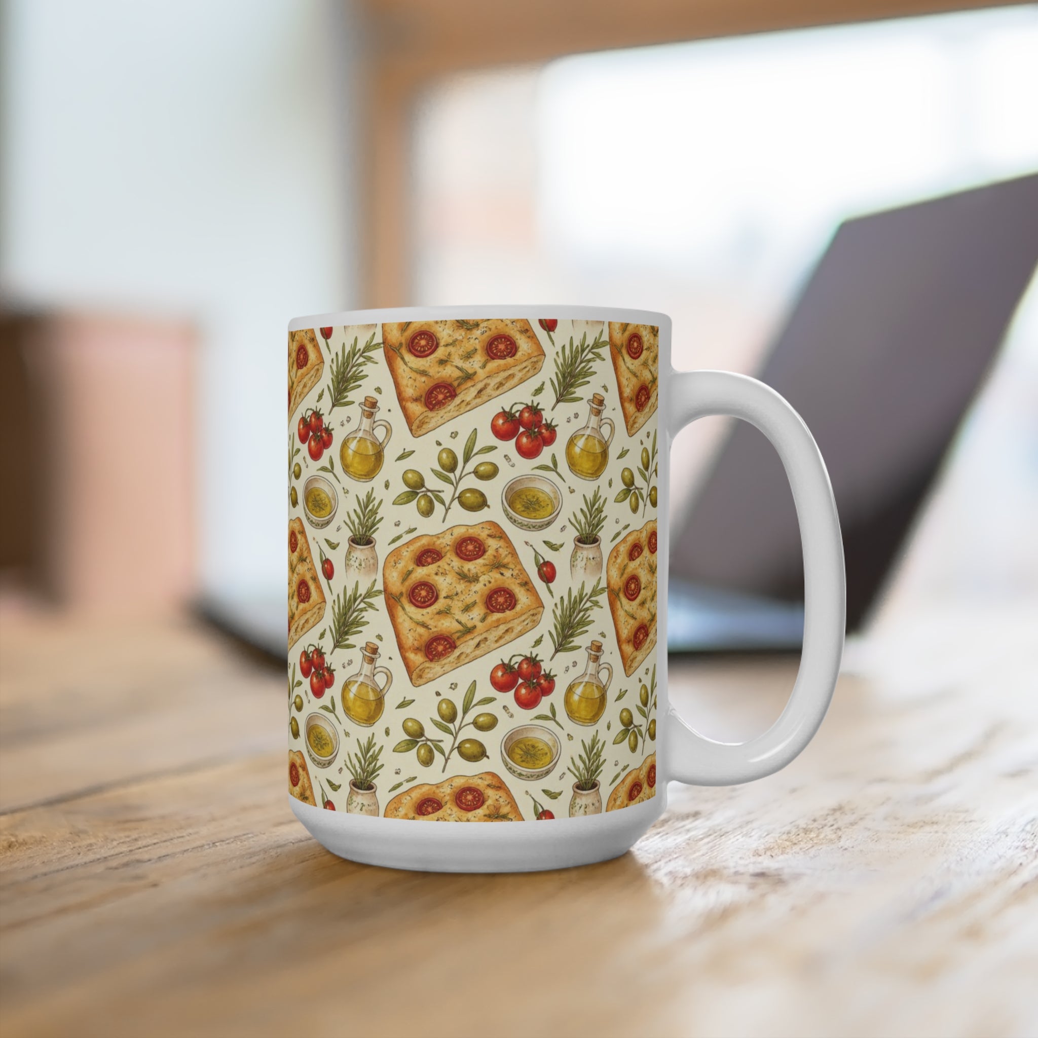 Focaccia Bread 15oz Ceramic Mug Mediterranean Kitchen Watercolor Design Italian Cottagecore Gift