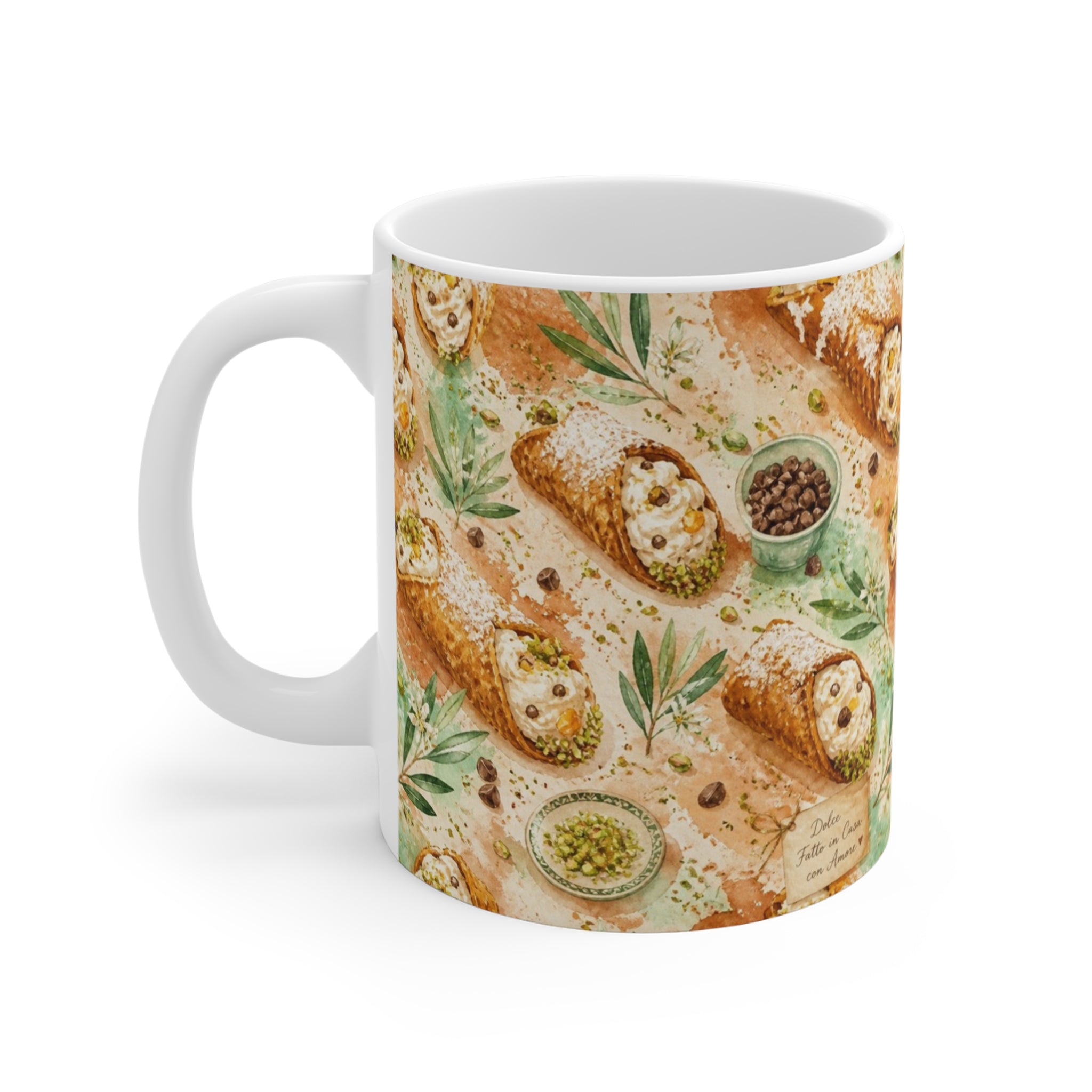 Sicilian Cannoli 11oz Ceramic Mug Mediterranean Kitchen Watercolor Splash Design Italian Cottagecore Gift