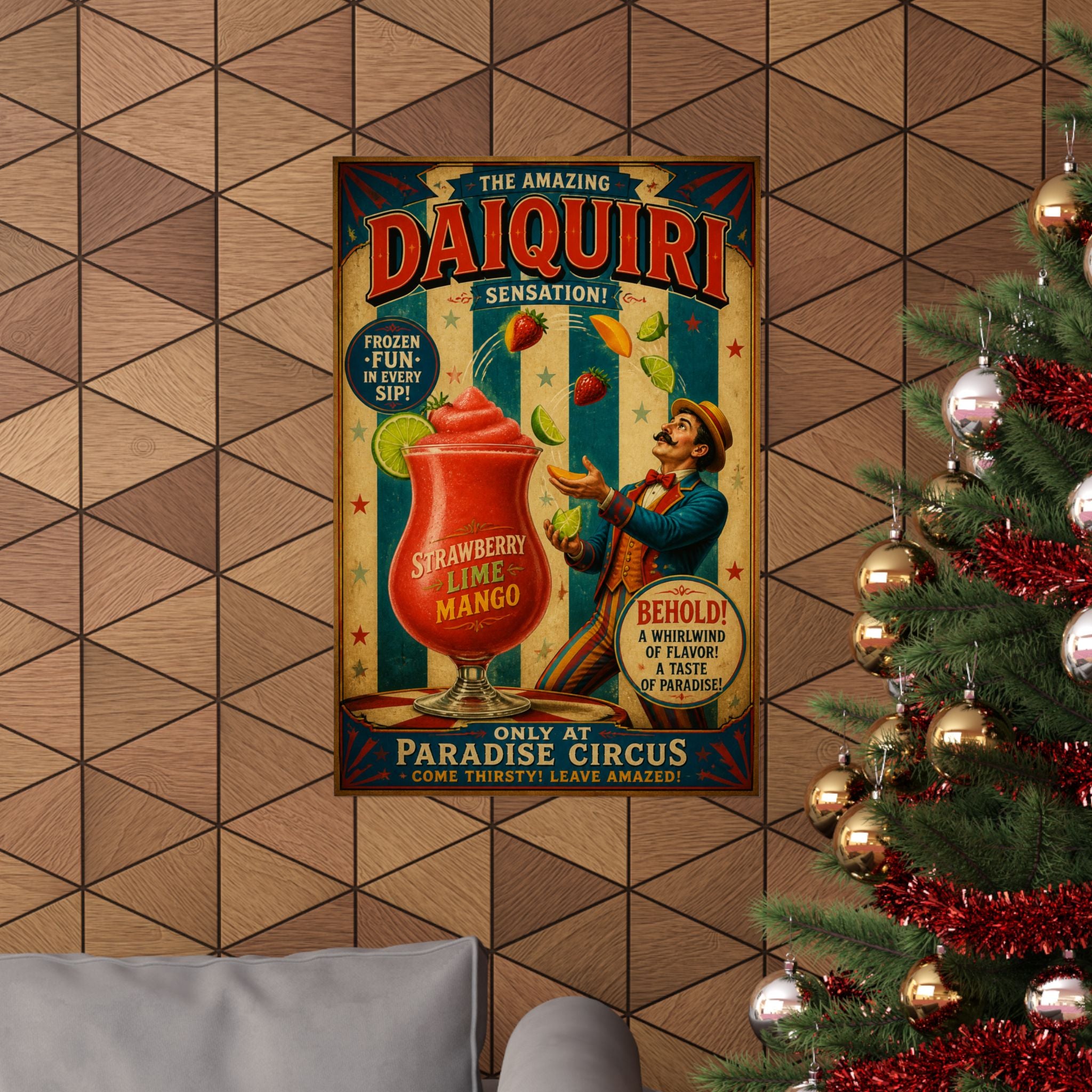 Daiquiri Fruit Juggler Wall Art Poster 24×36 Vintage Circus Bedroom Decor Maximalist Print