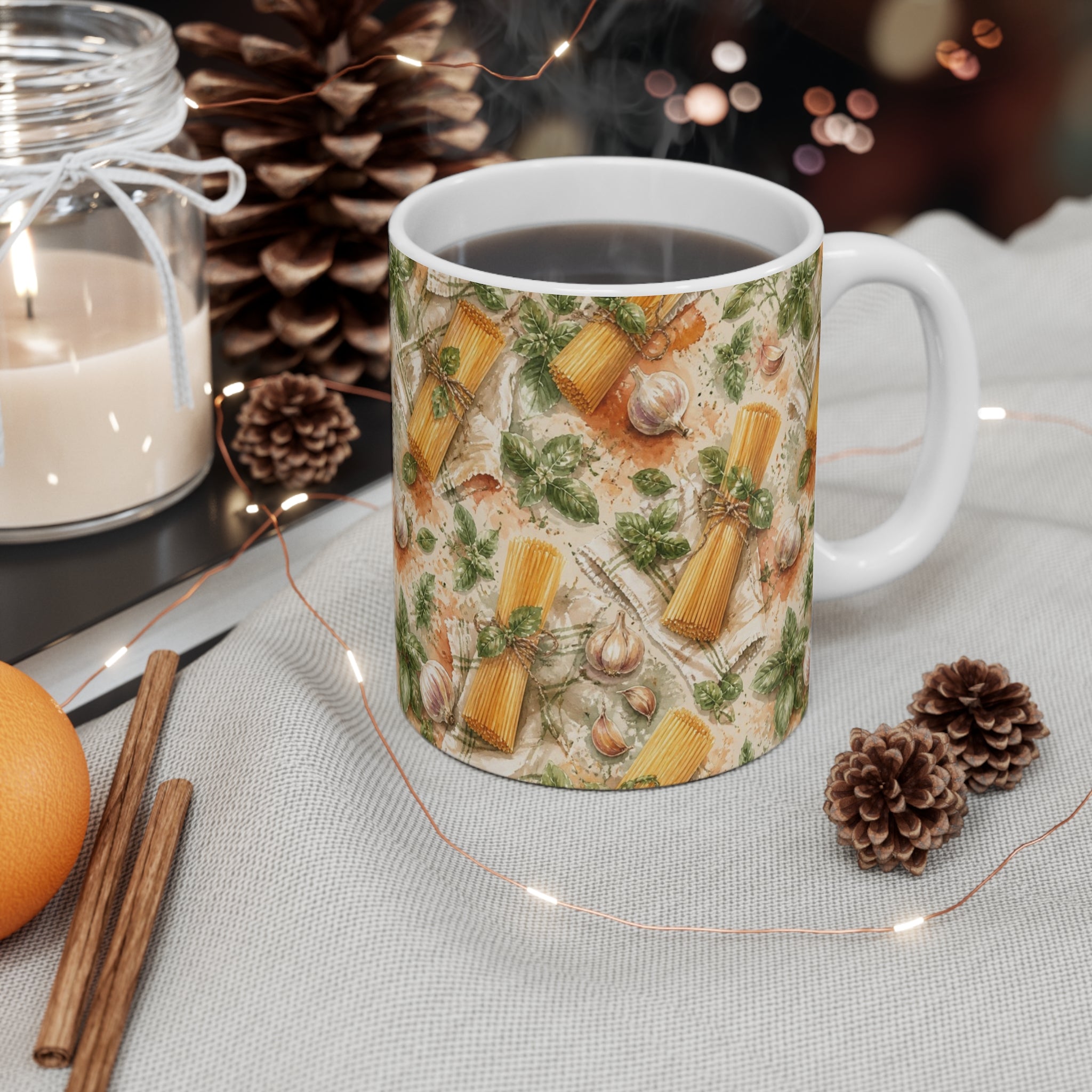 Spaghetti Bundle 11oz Ceramic Mug Mediterranean Kitchen Watercolor Splash Design Italian Cottagecore Gift